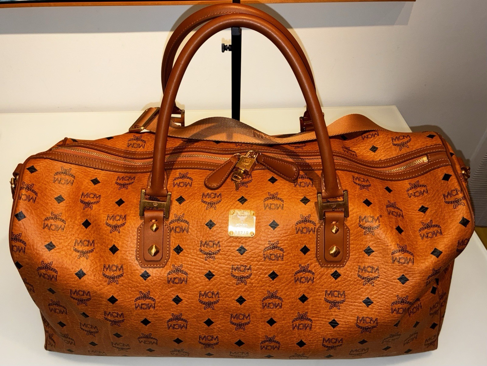 MCM AUTHENTIC COGNAC VISETOS LARGE STUD BOSTON MONOGRAM DUFFLE BAG EXCELLENT