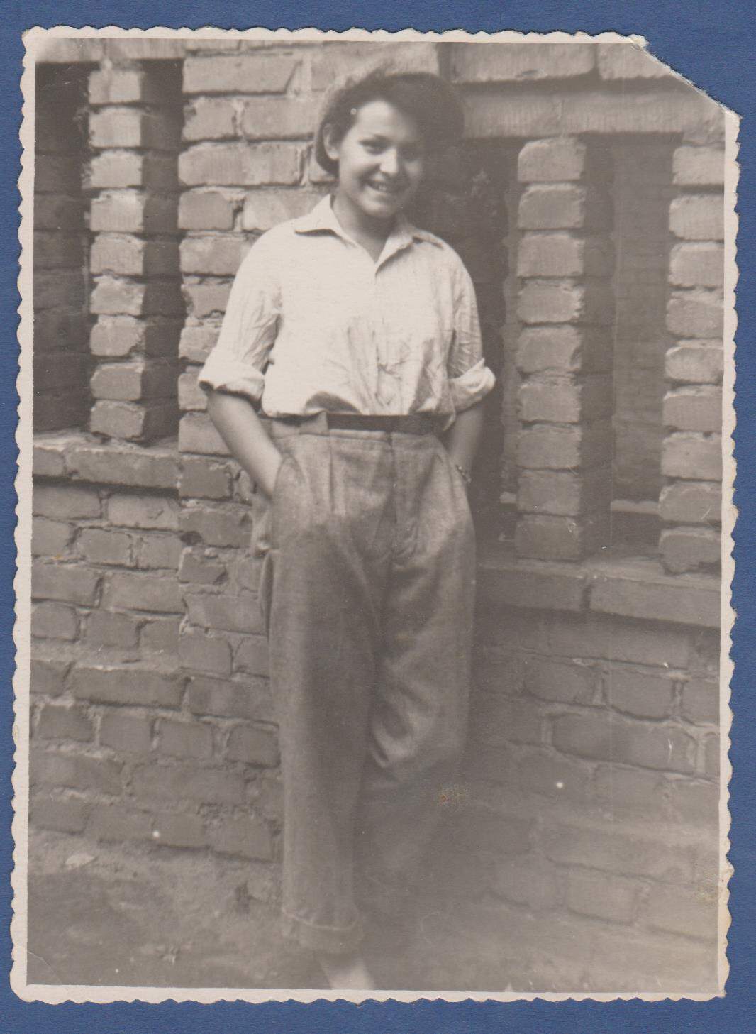Beautiful young girl in pants, smiling girl in beret Soviet Vintage Photo USSR