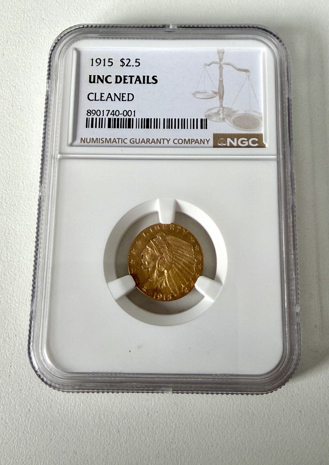 1915 $2.50 Indian Head Gold Quarter Eagle NGC UNC Details Cleaned