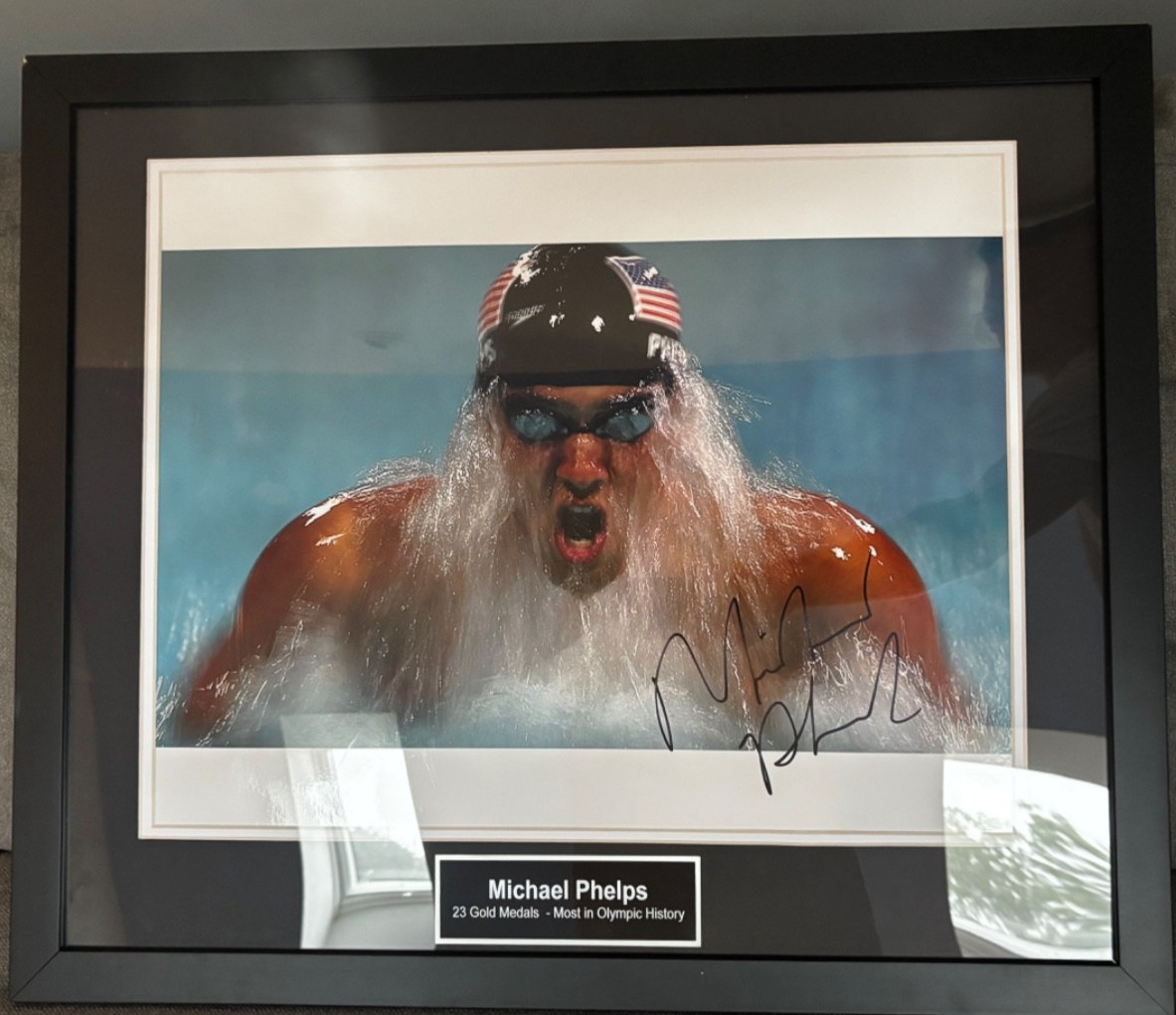 Signed Michael Phelps framed poster 26x22 Signed Michael Phelps framed poster 26x22