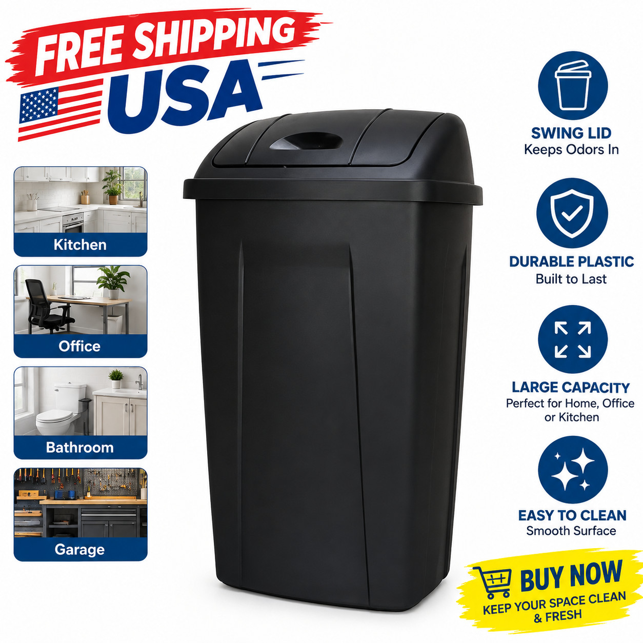 Mainstays Kitchen Trash Can, 13 Gallon Plastic Garbage Bin with Swing Top Lid