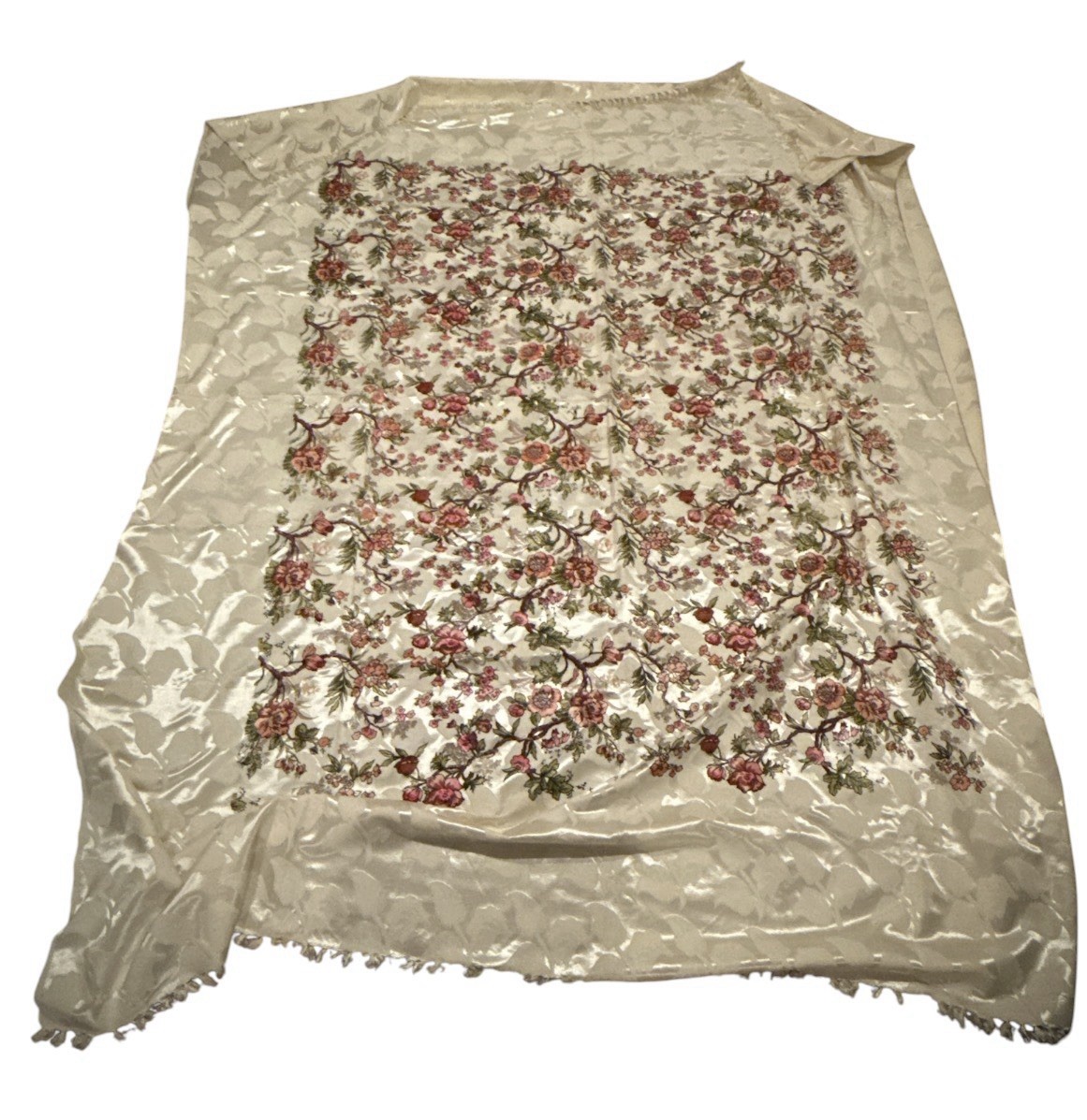VTG MidCentury Heavy Silk Satin Screen Printed Cream Floral Tassels Material