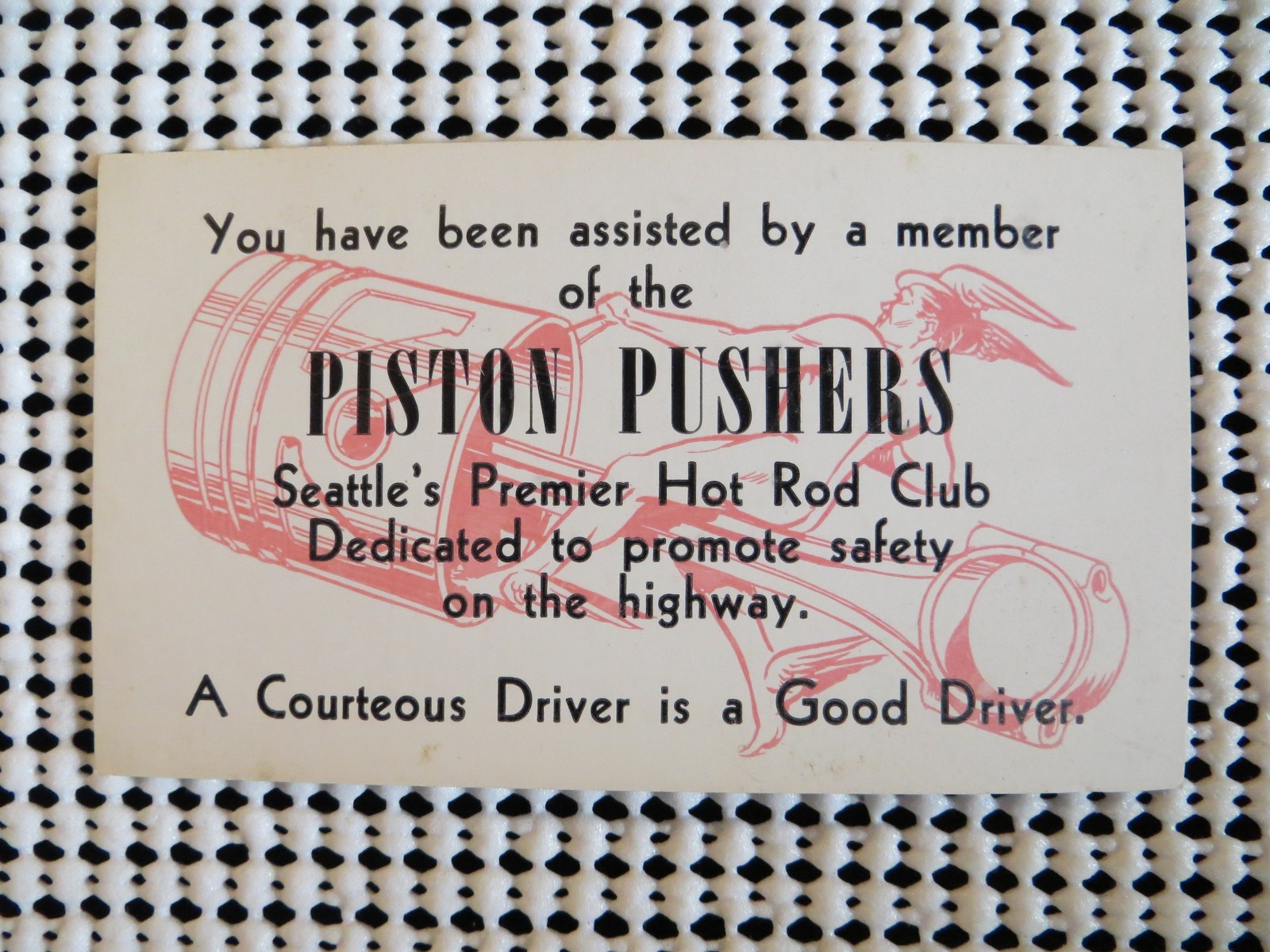ORIGINAL 1950\'S PISTON PUSHERS SEATTLE HOT ROD CLUB COURTESY CARD ORIGINAL 1950\'S PISTON PUSHERS SEATTLE HOT ROD CLUB COURTESY CARD