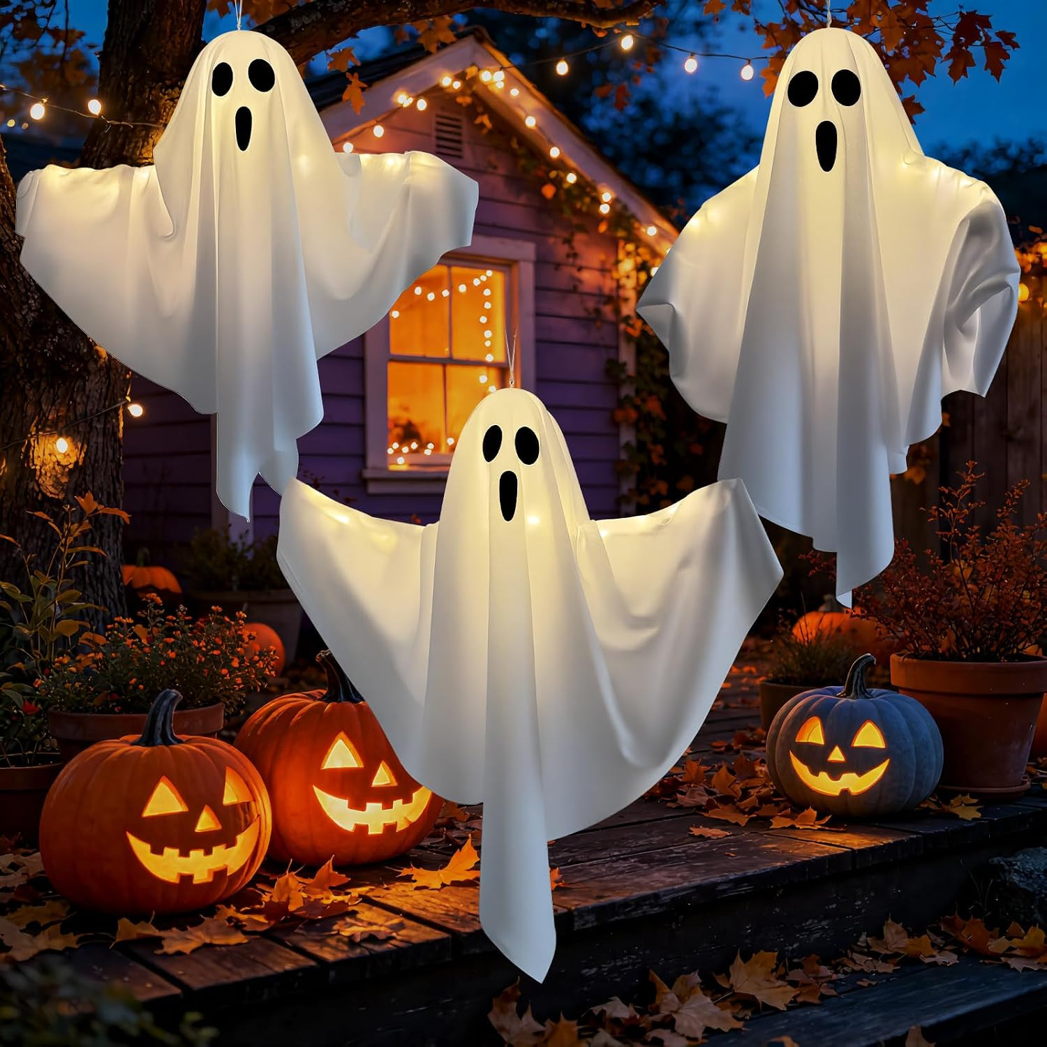 3 Pack Light up Hanging Ghosts Halloween Decor, 22.5 Inch White Ghosts 3 Pack Light up Hanging Ghosts Halloween Decor, 22.5 Inch White Ghosts