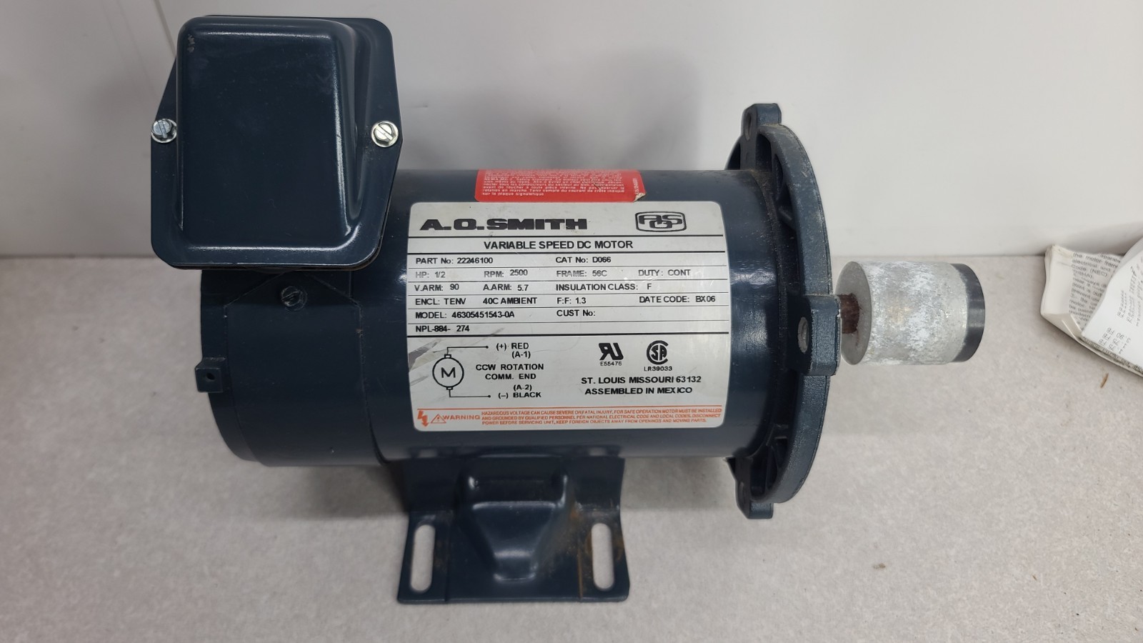 A.O. Smith Variable Speed DC Motor 1/2 HP 2500 Rpm D066 Model 46305451543 A.O. Smith Variable Speed DC Motor 1/2 HP 2500 Rpm D066 Model 46305451543