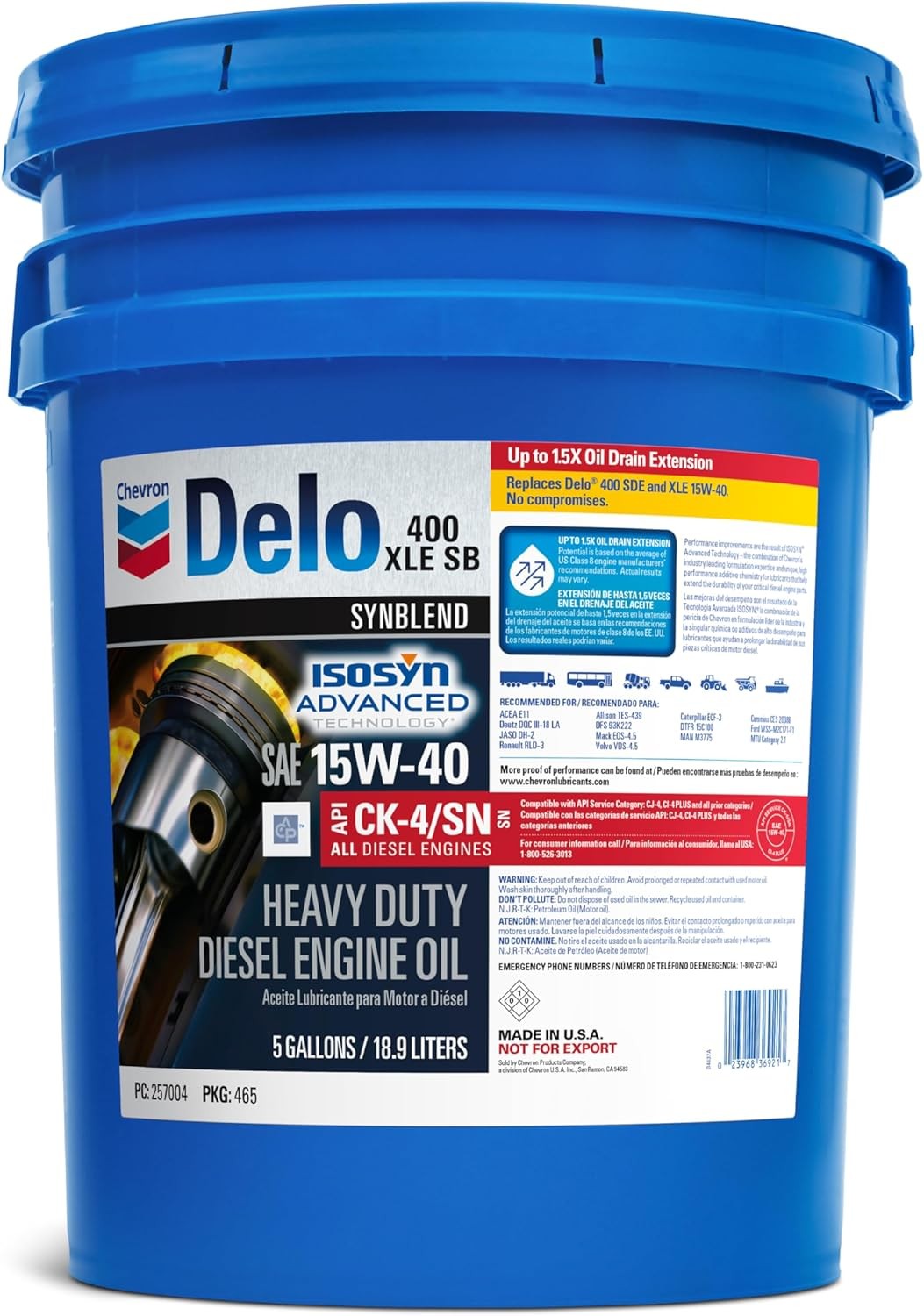 Delo 222290465 400 XLE Synthetic Blend 15W-40 Motor Oil - 5 Gallon Pail Delo 222290465 400 XLE Synthetic Blend 15W-40 Motor Oil - 5 Gallon Pail