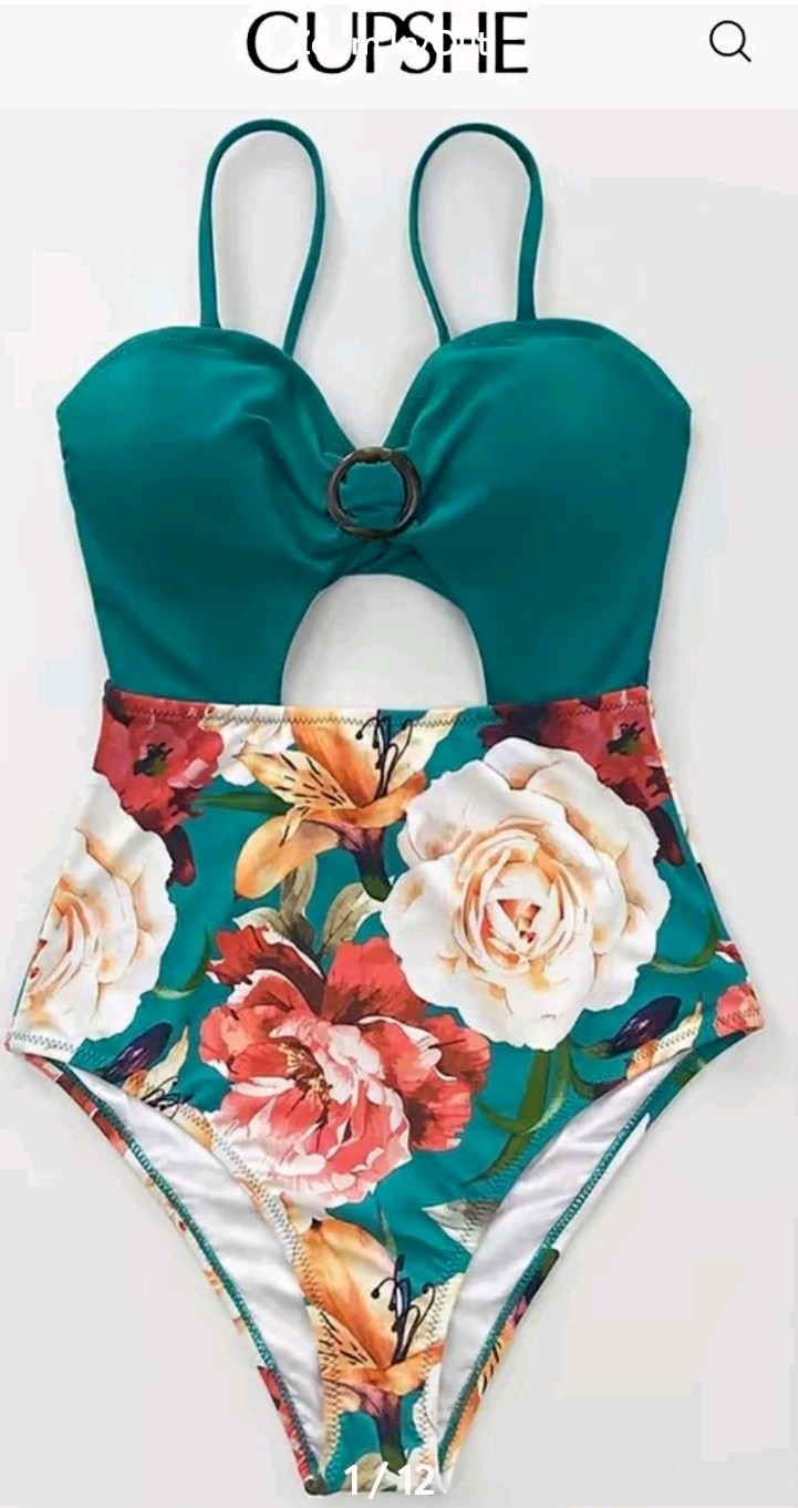 CUPSHE Womens Floral Green One Piece Swimsuit Cutout Ring Adj Straps M