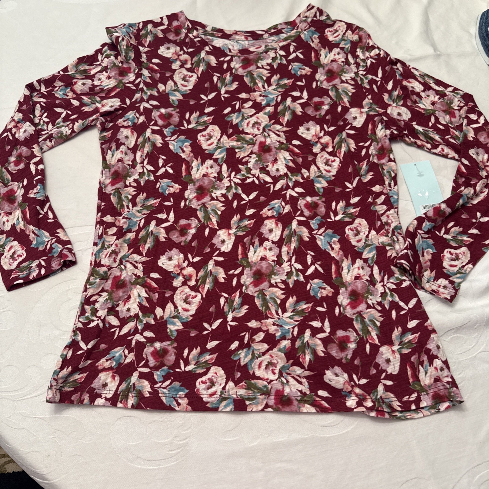 NWT Women\'s Blue Sol Flower T-Shirt, Size Large Long Sleeve Burgundy Base  NWT Women\'s Blue Sol Flower T-Shirt, Size Large Long Sleeve Burgundy Base 