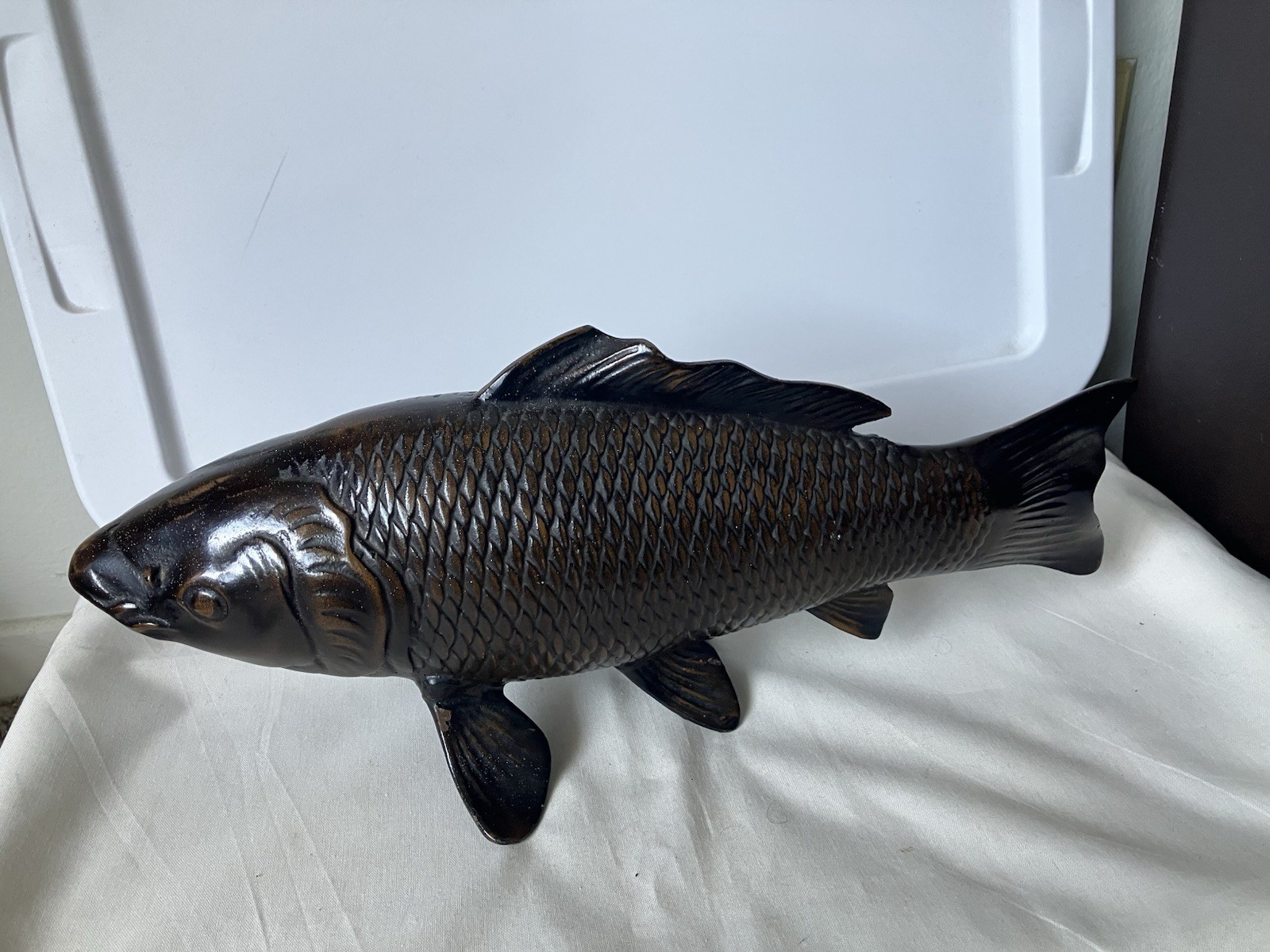 Vintage Toyo Japan Brown Cast Iron Koi Fish Okimono Statue Sculpture Apprx 17.5” Vintage Toyo Japan Brown Cast Iron Koi Fish Okimono Statue Sculpture Apprx 17.5”