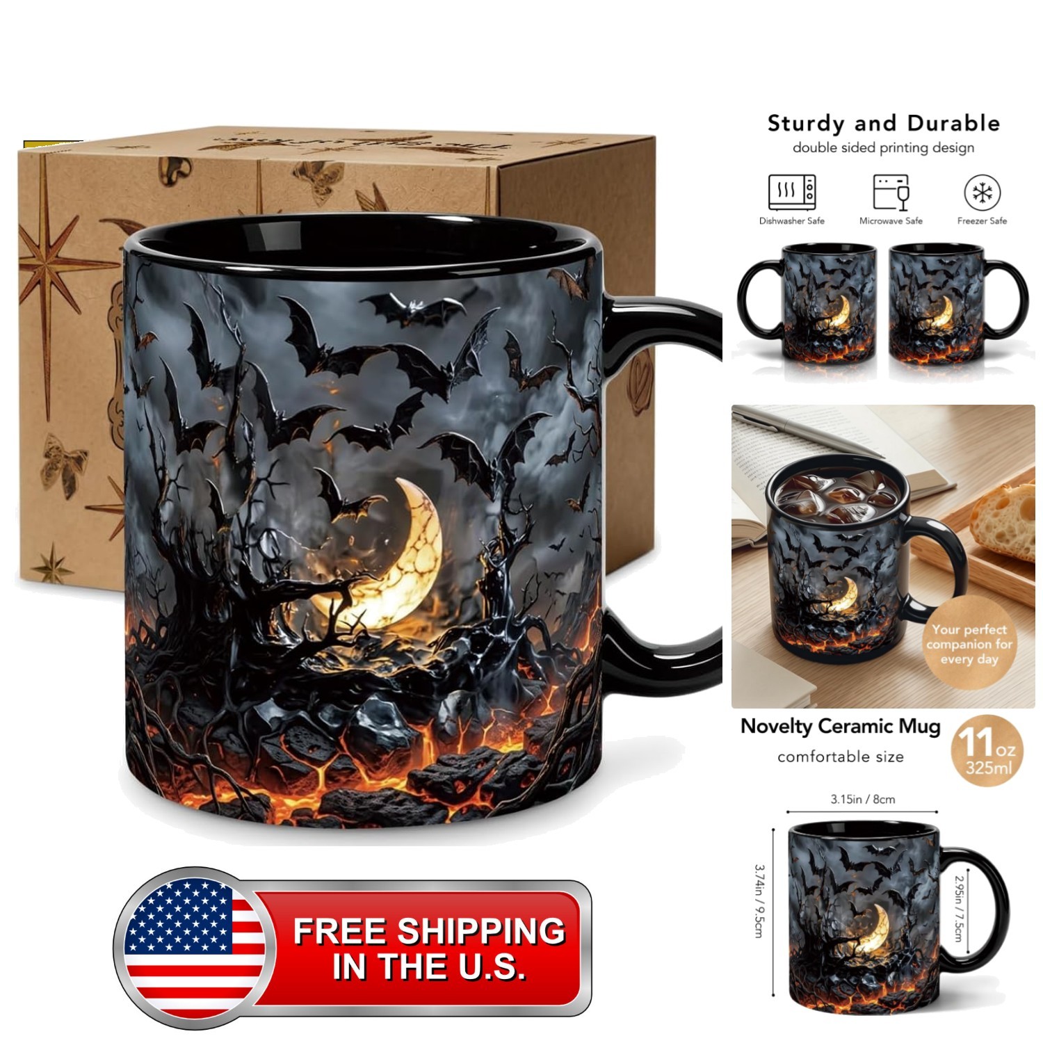 Funny Gothic Bat Moon Mug 11oz, Dark Halloween Spooky Black Ceramic Cup Funny Gothic Bat Moon Mug 11oz, Dark Halloween Spooky Black Ceramic Cup