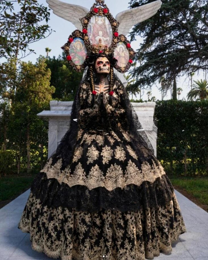 Black Gold Charro Catrina Halloween Dresses Mexican Long Sleeve Applique Lace