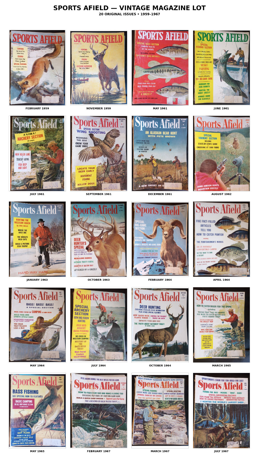Sports Afield 20-Issue Vintage Magazine Lot 1959-1967 Hunting Fishing Outdoor