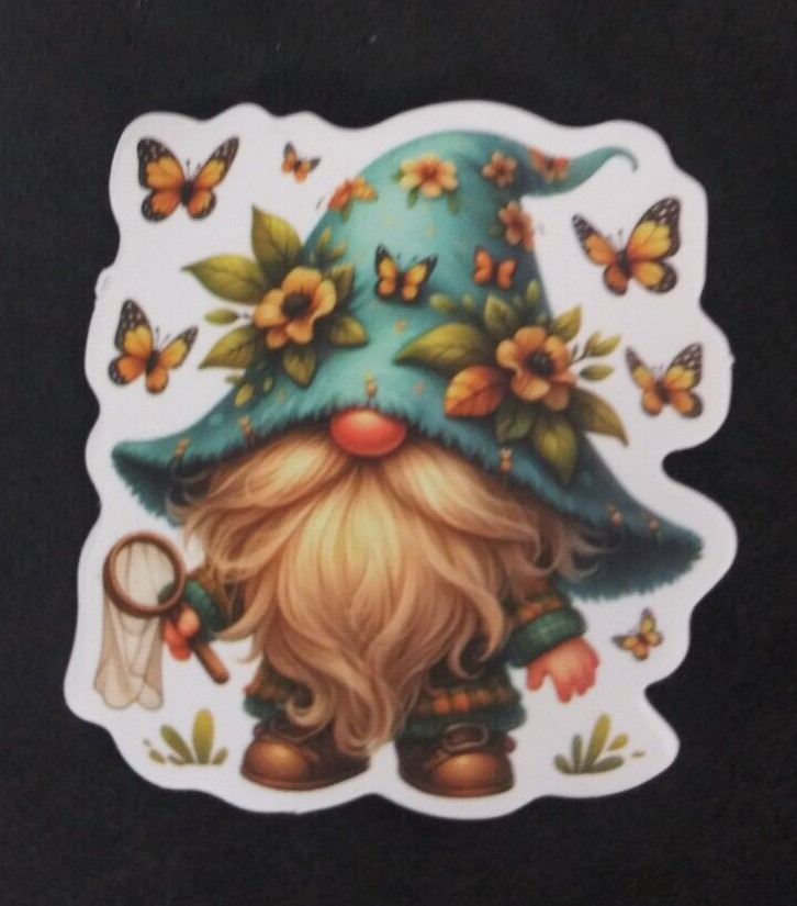 Adorable Floral Butterfly Catching Gnome Sticker 1.75\ Adorable Floral Butterfly Catching Gnome Sticker 1.75\