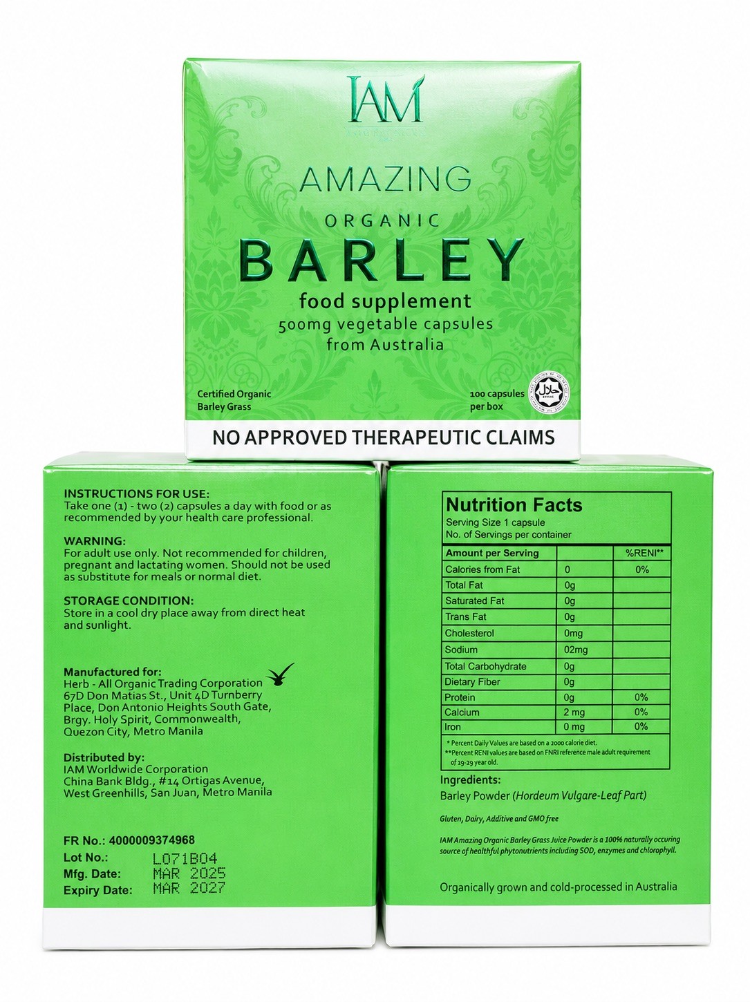 IAM Amazing Pure Organic Barley Capsules (100 capsules/box) 3 BOXES Authentic IAM Amazing Pure Organic Barley Capsules (100 capsules/box) 3 BOXES Authentic