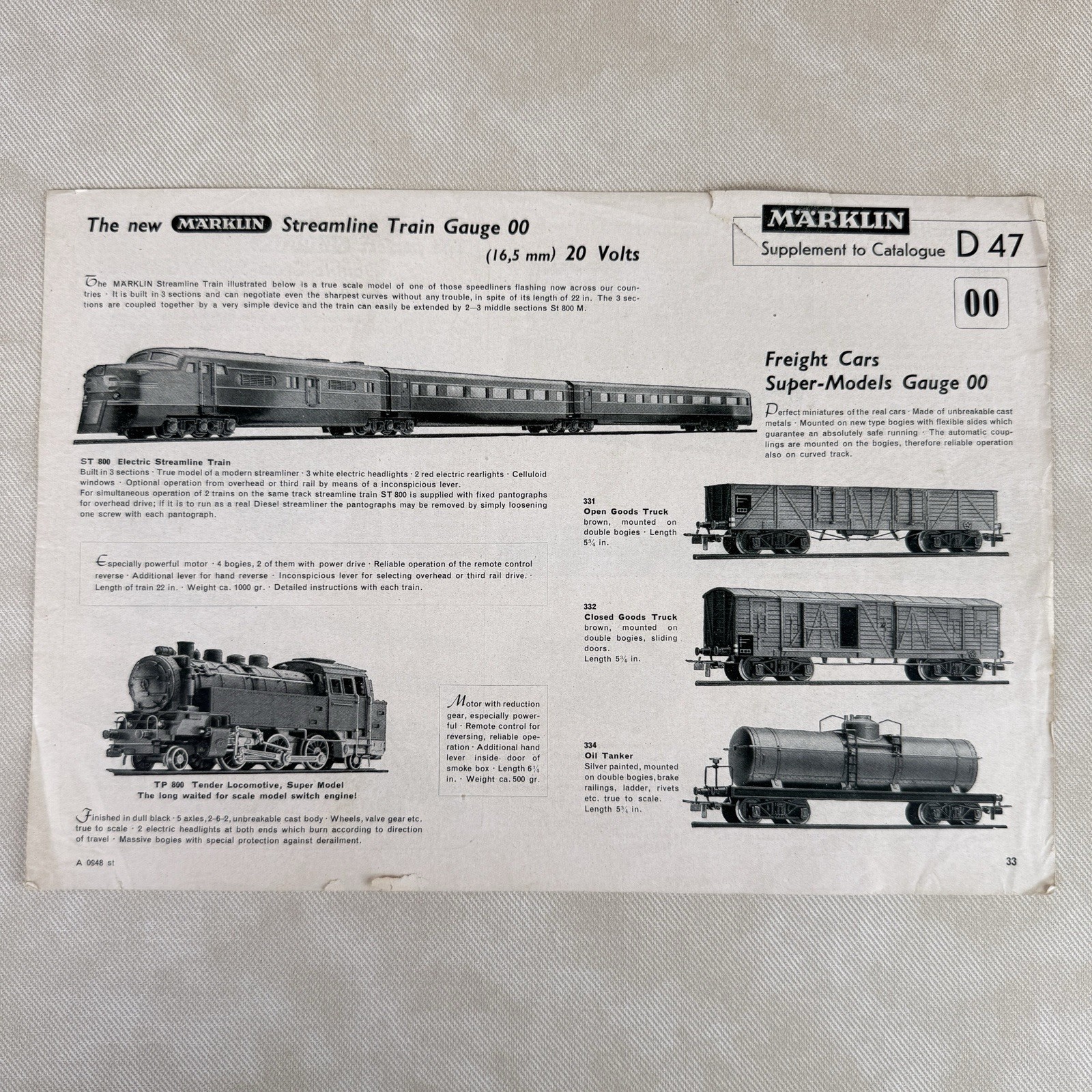 Vintage Marklin Catalog D47 Supplement 1947 - original Vintage Marklin Catalog D47 Supplement 1947 - original