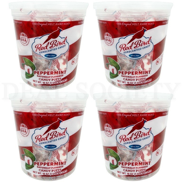 Red Bird Soft Peppermint Candy Mint Puffs Individually Wrapped 18oz tub Lot of 4