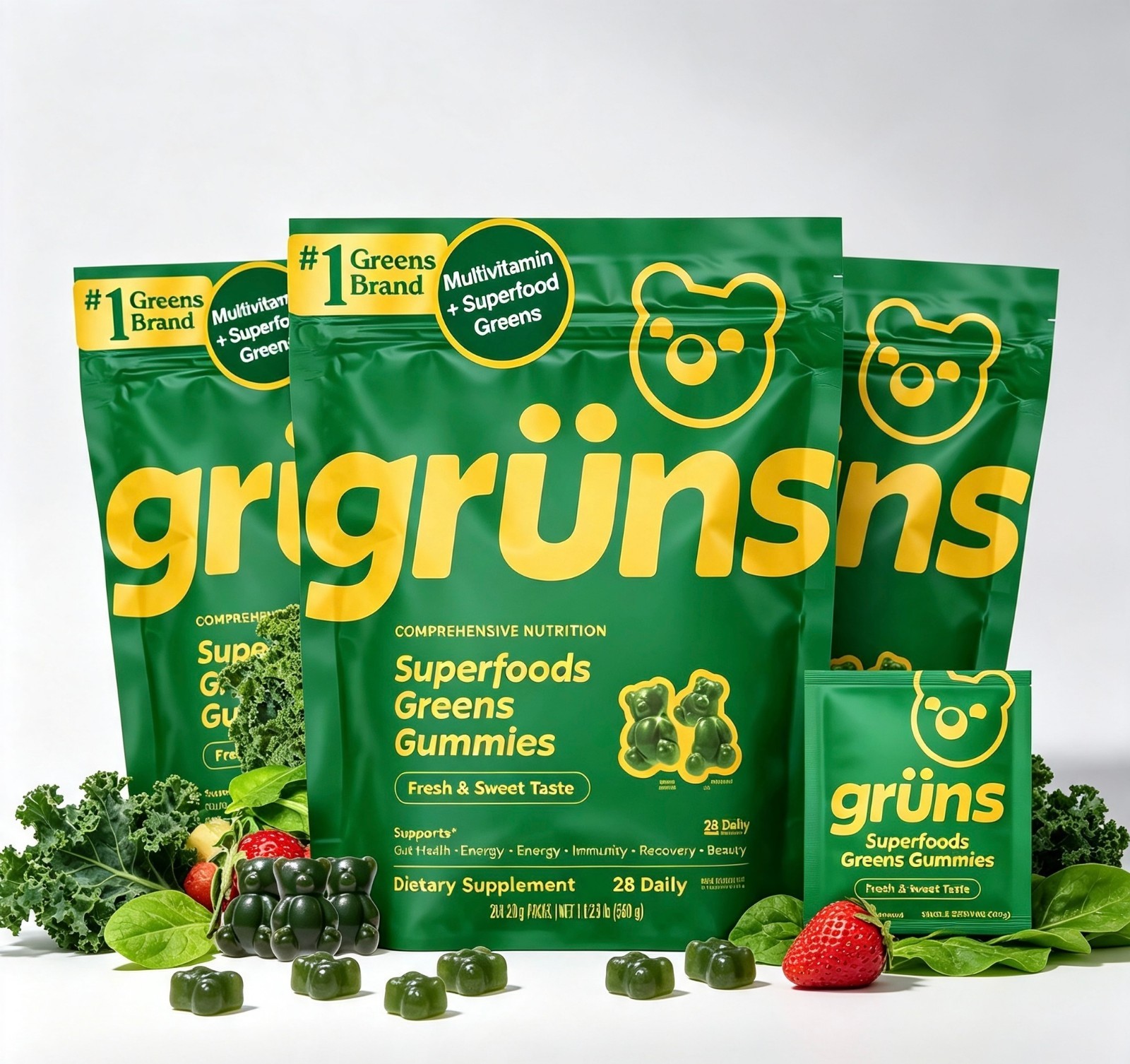 Gruns Adult Super Green Gelatin Multi-Vitamin Super Food Jelly Bear - 3 Pack Set