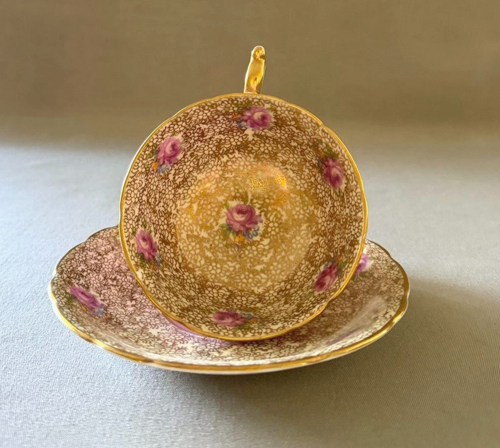 Rare Antique Paragon Pink Floral Gold Filigree Cup and Saucer - Small Chip