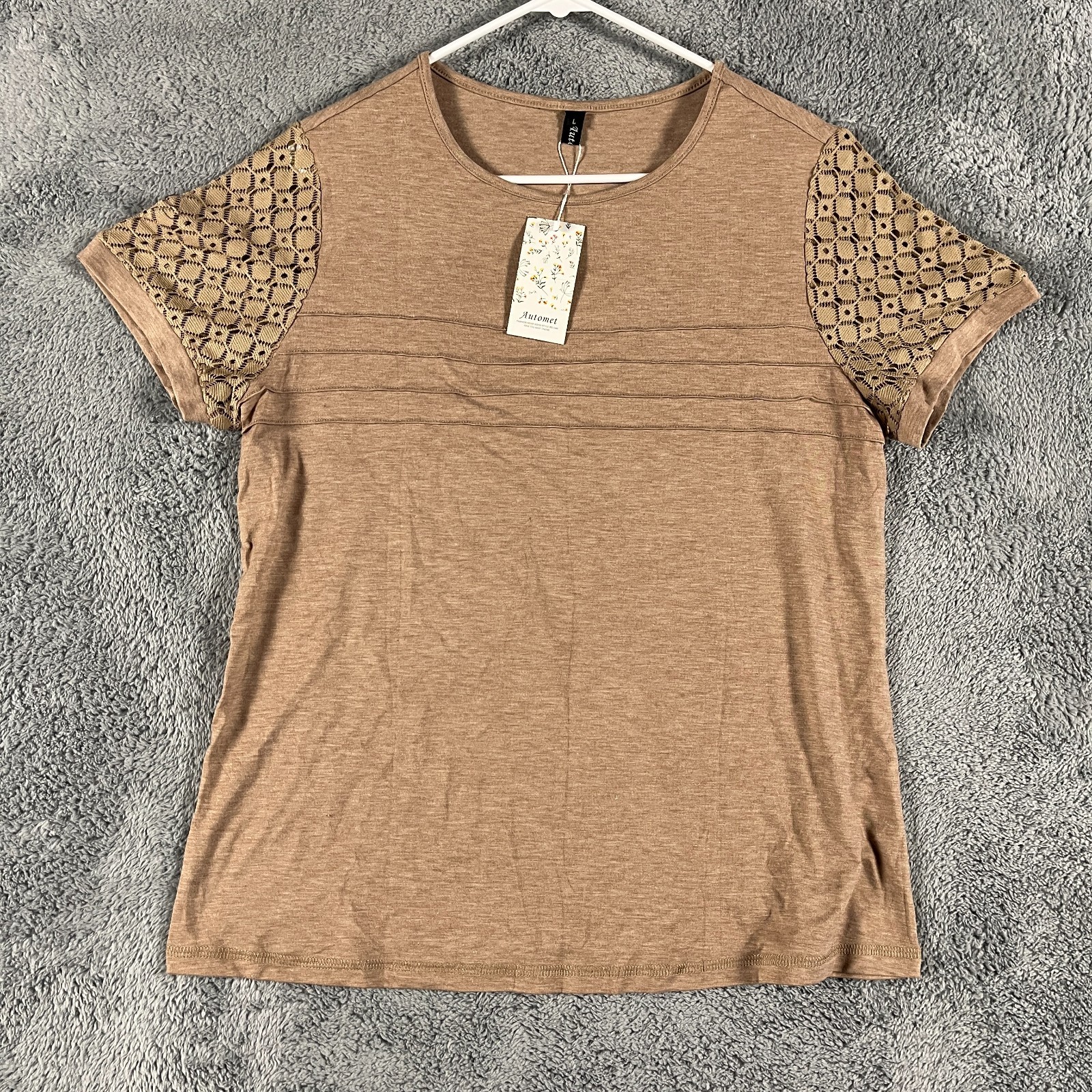 Automet T-Shirt Womens L Brown Pleated Stretch Crochet Lace Sleeve Pullover Tee