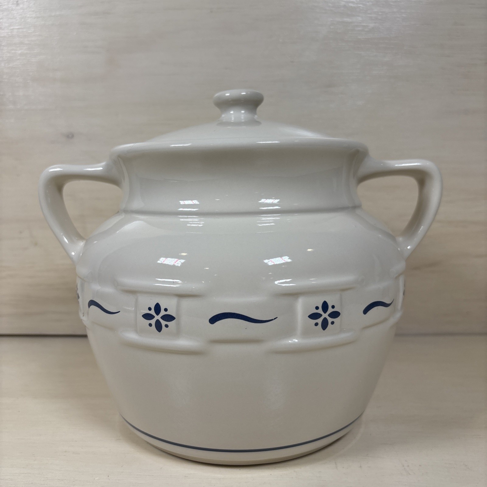Longaberger Pottery Woven Traditions Heritage Blue Cookie Jar Bean Soup Pot