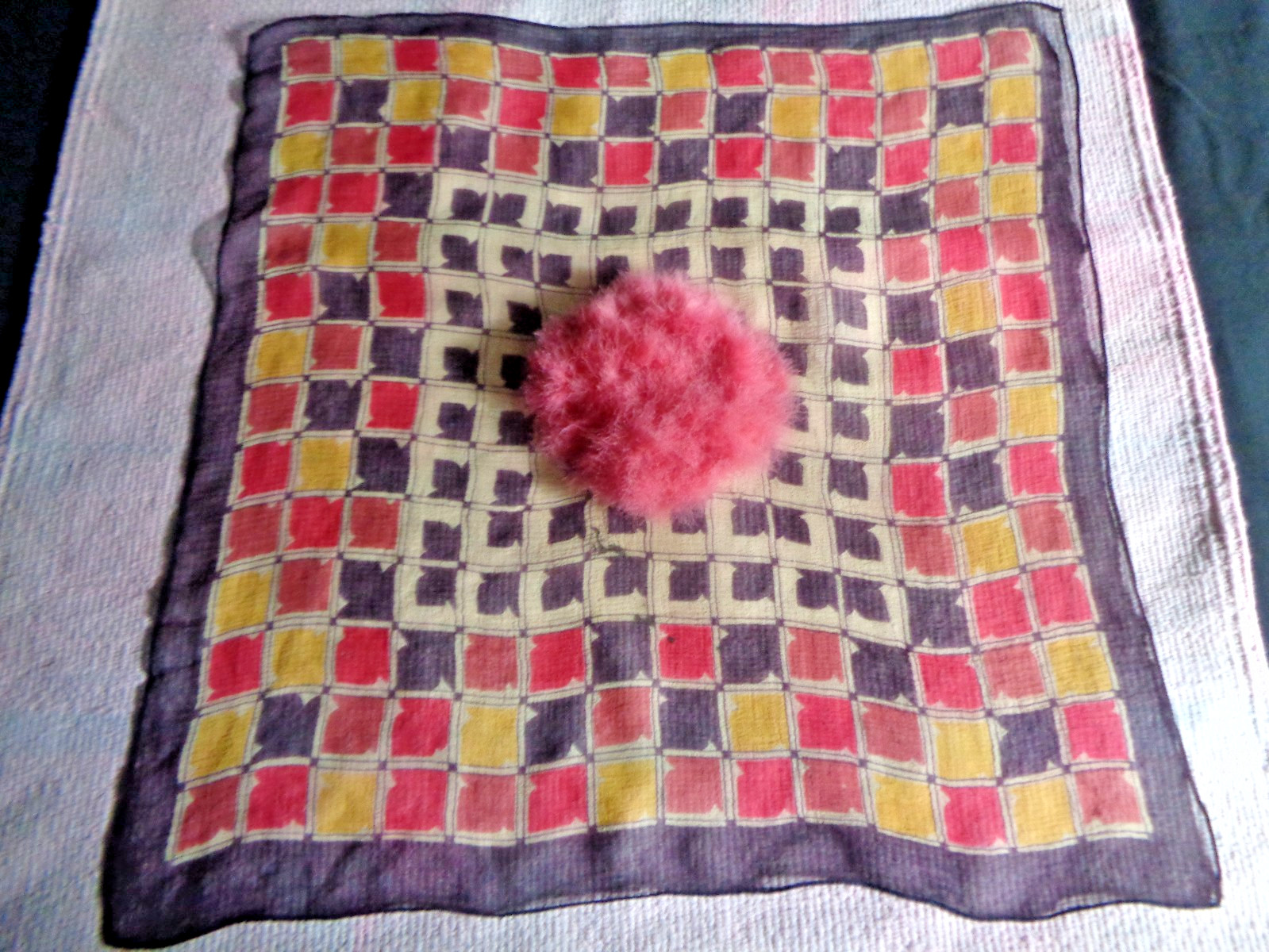 Vintage 1930\'s powder puff on large handkerchief silk chiffon Vintage 1930\'s powder puff on large handkerchief silk chiffon