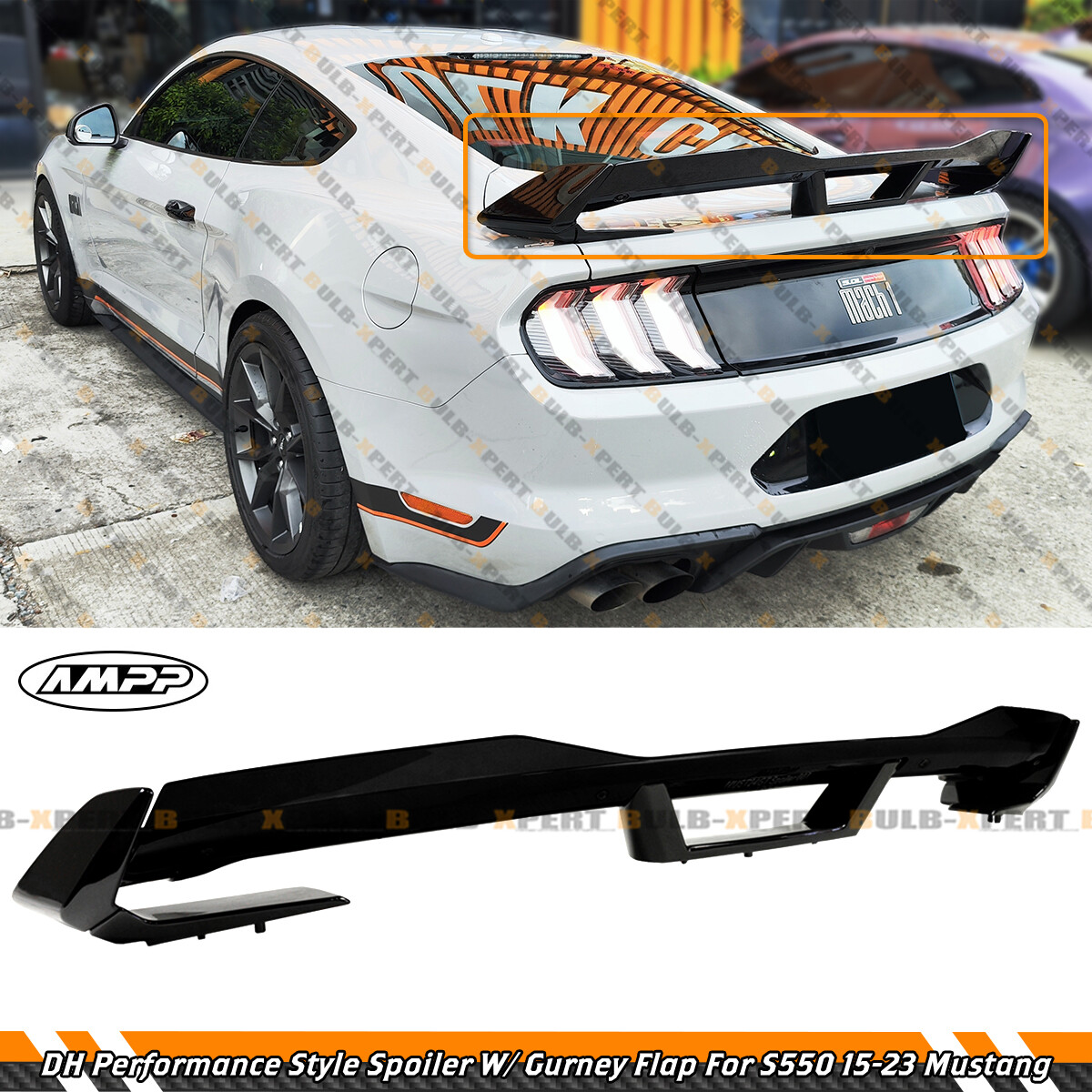 For 2015-23 Ford Mustang DH Performance Gloss Black Spoiler W/ Smoke Gurney Flap
