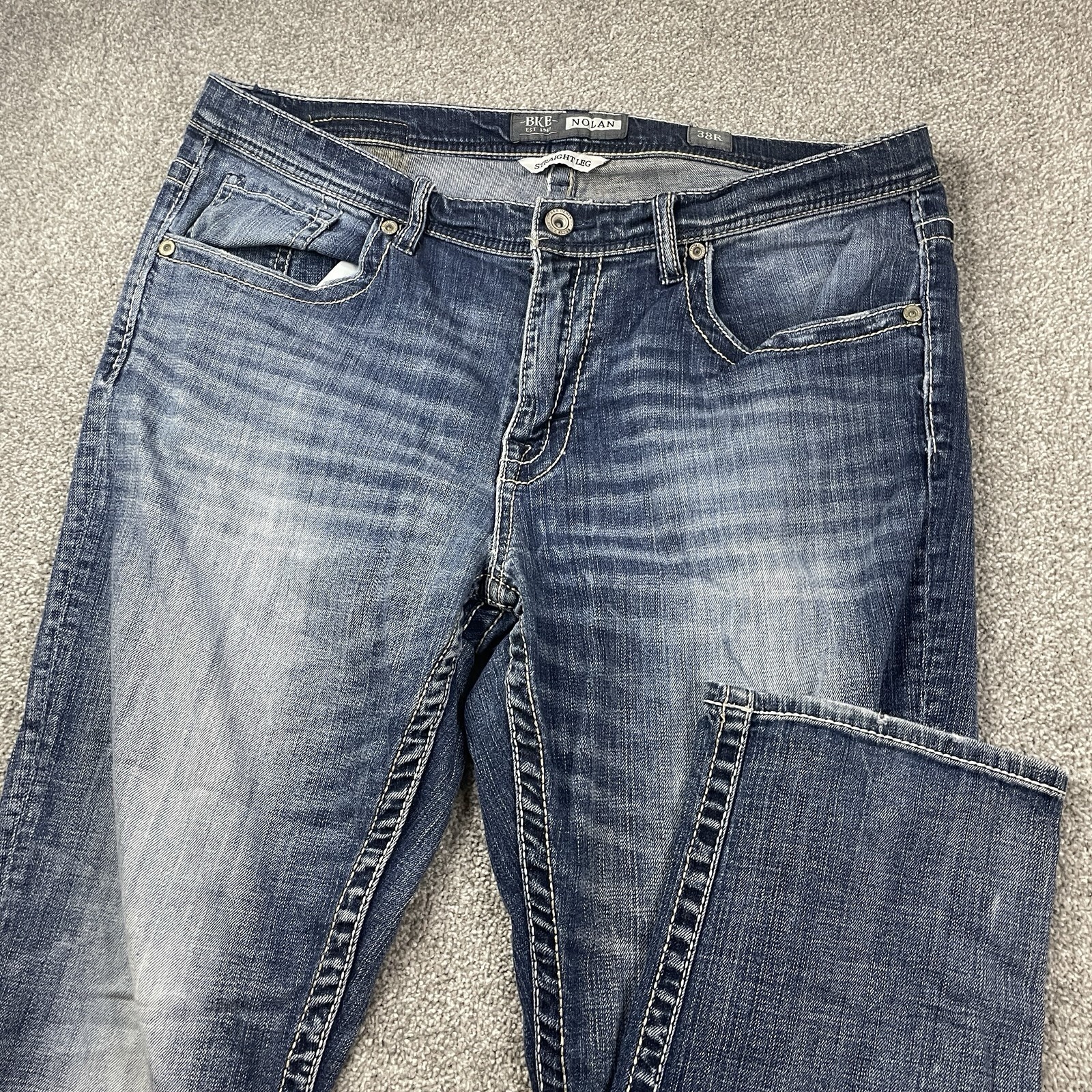 BKE Jeans Men 38R Blue Nolan Buckle Straight Leg Denim Thick Stitch Cowboy 38x30 BKE Jeans Men 38R Blue Nolan Buckle Straight Leg Denim Thick Stitch Cowboy 38x30