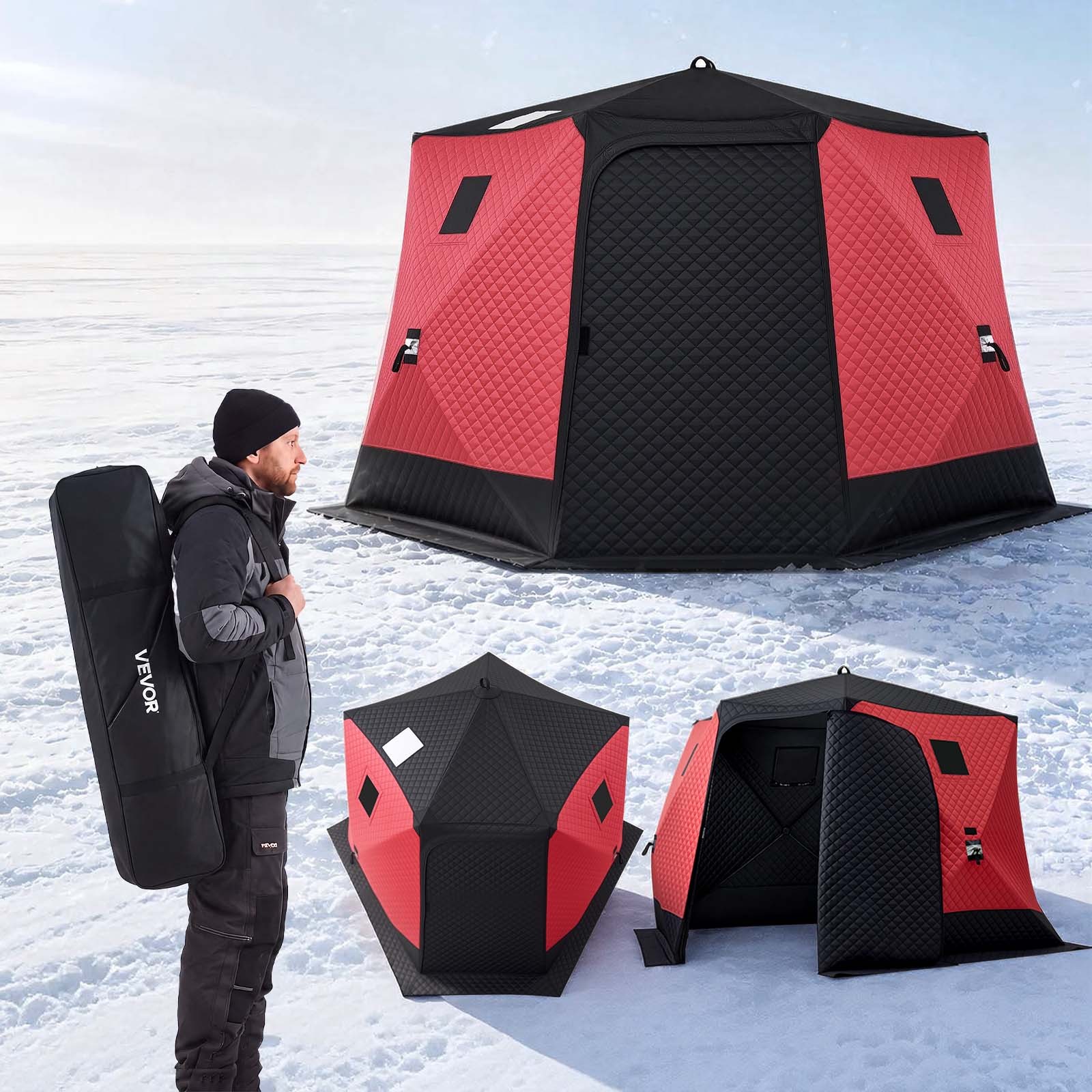 VEVOR Pop Up Ice Fishing Tent 6-8 Person 130x130x79 in Insulated Shelter 600D