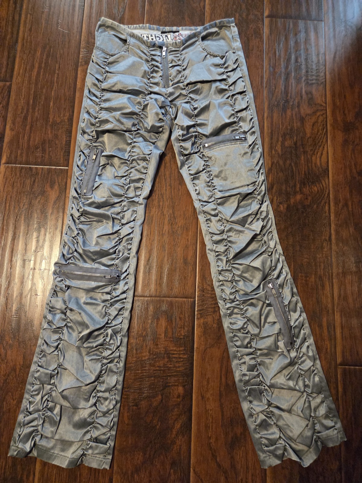 Seven7 Express Vintage Y2K Cargo Pants Silver Satin Ruched Low Rise Size 27 Seven7 Express Vintage Y2K Cargo Pants Silver Satin Ruched Low Rise Size 27