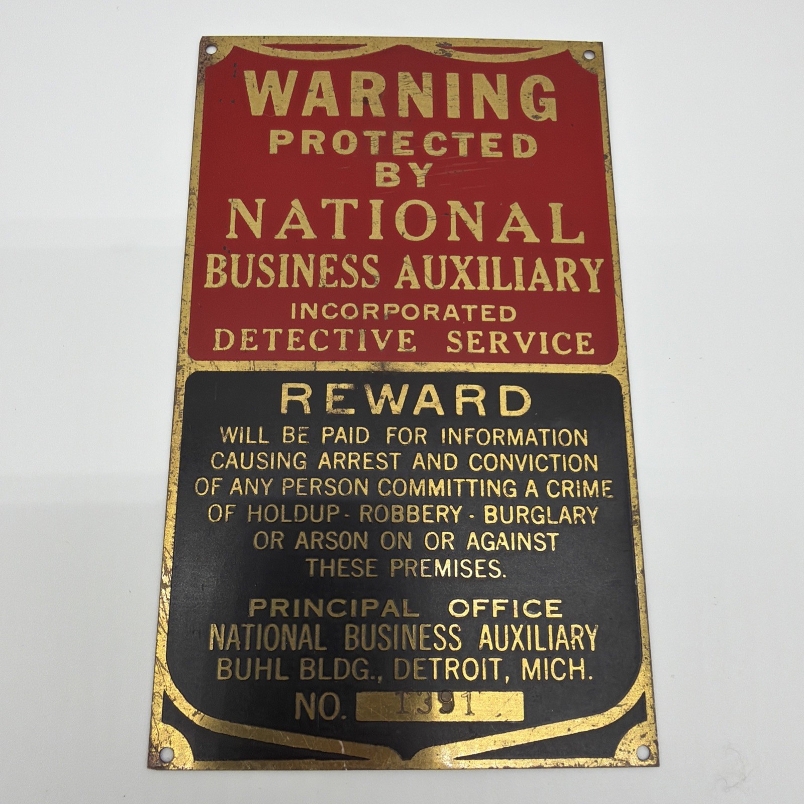 Vintage Warning Sign Metal National Business Auxiliary Inc. Detective Service Vintage Warning Sign Metal National Business Auxiliary Inc. Detective Service
