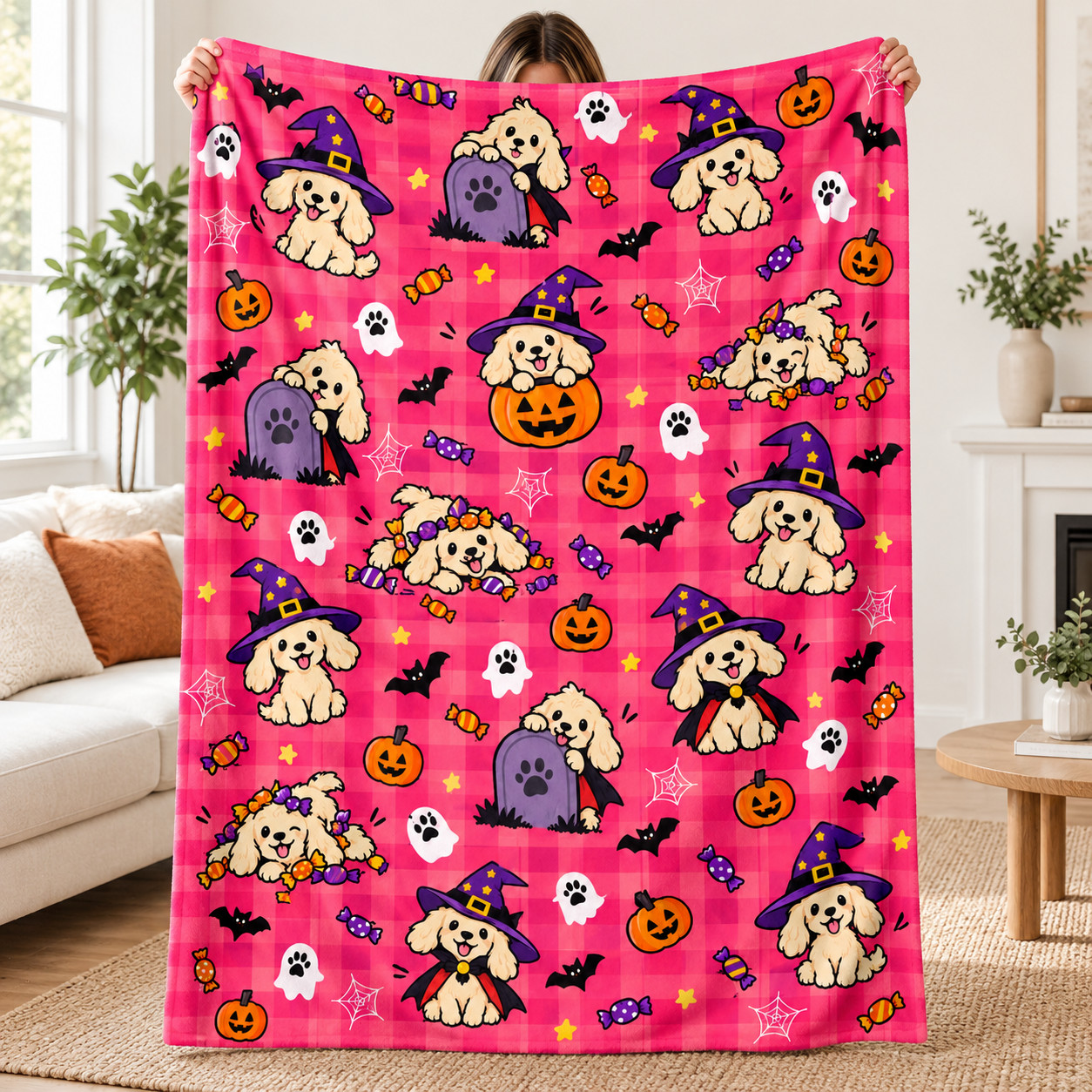 Spooky Dog Fleece Blanket Pink Plaid Halloween Puppy Pumpkin Witch Decor