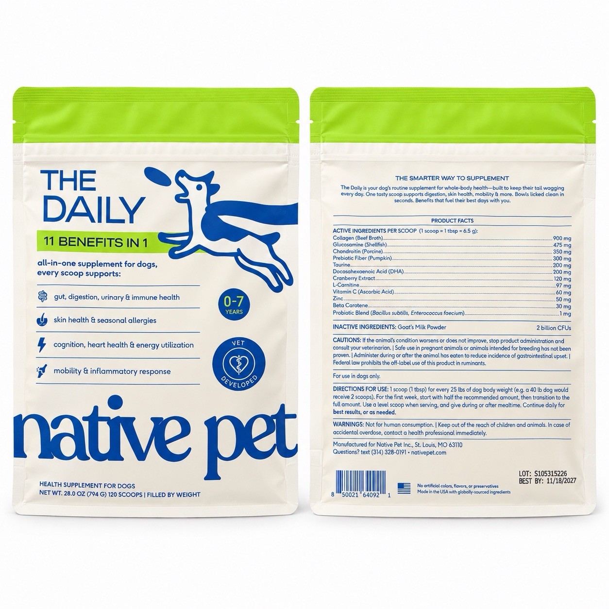 Native Pet The Daily 11-in-1 Dog Vitamins 120 Scoops 28 oz EXP 11/2027