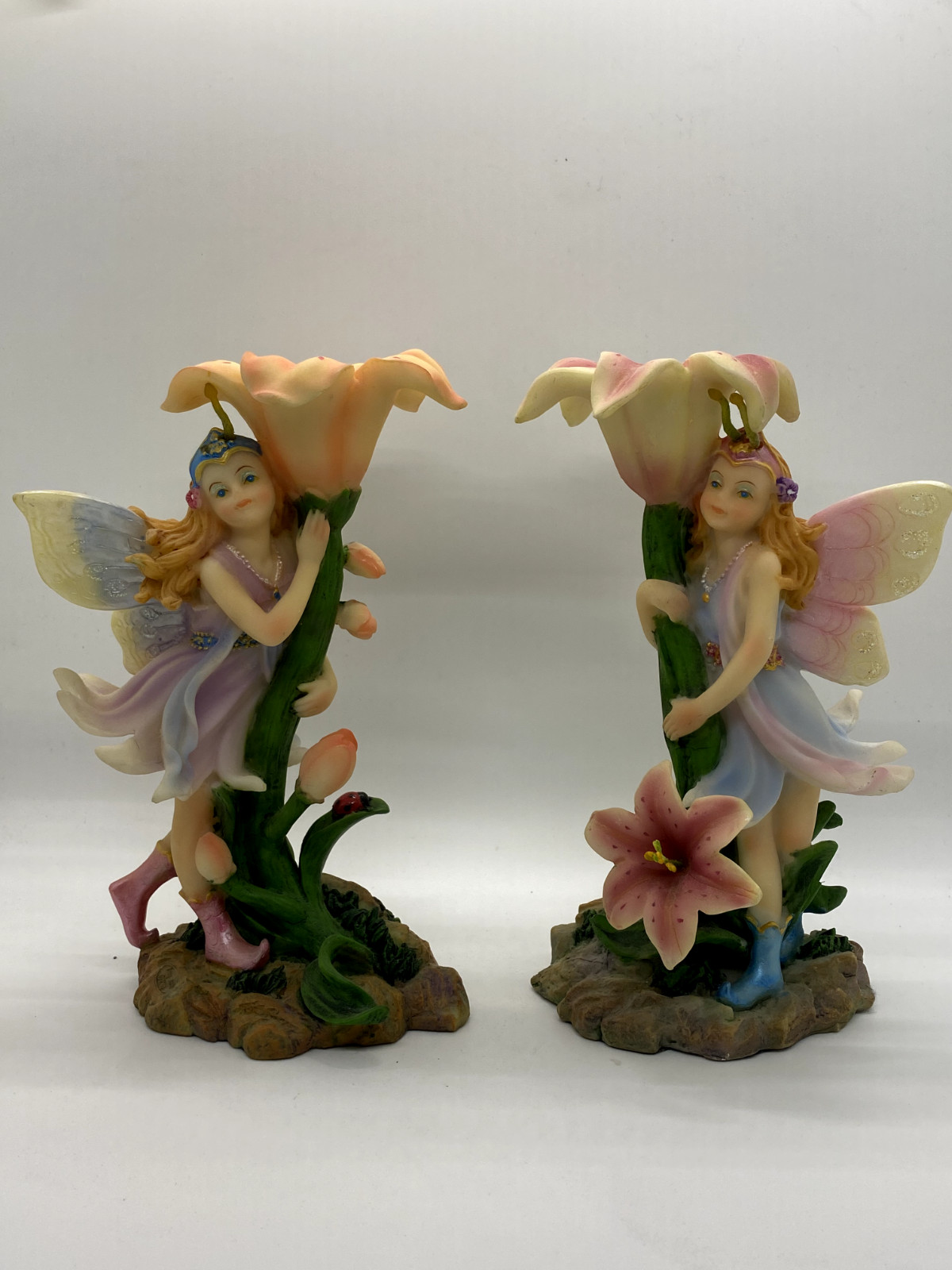 Pair of Fairy Holding Flower Candle Holder Figurine Statue by Long Arch 2002 Pair of Fairy Holding Flower Candle Holder Figurine Statue by Long Arch 2002