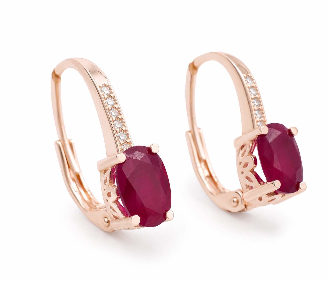 GENUINE  2.24 Cts RUBY & W/SAPPHIRE DANGLING EARRINGS 14K ROSE GOLD PLATED(.925)