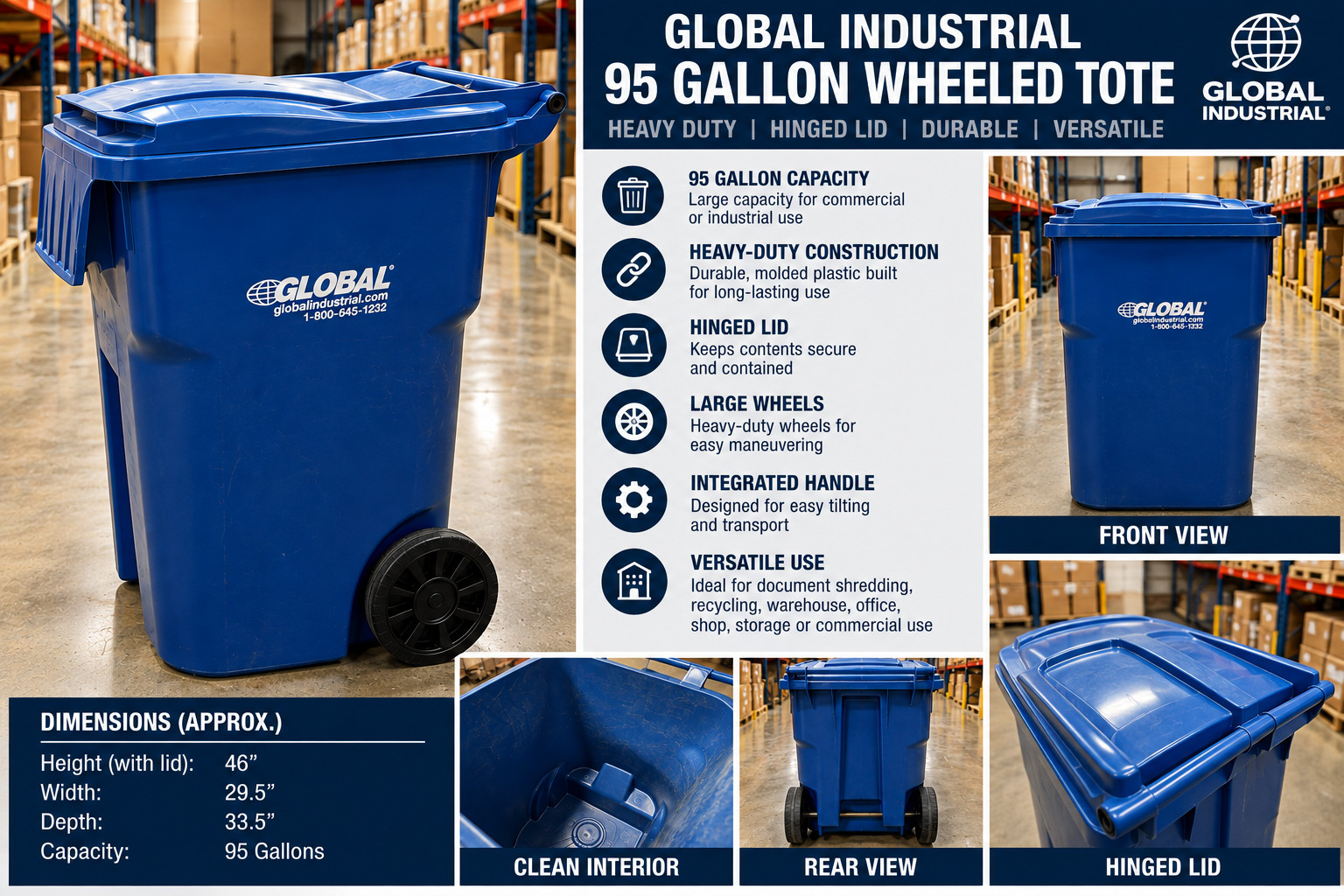 Global Industrial 95 Gallon Wheeled Tote Trash Can Shredding Bin w/Lid Blue
