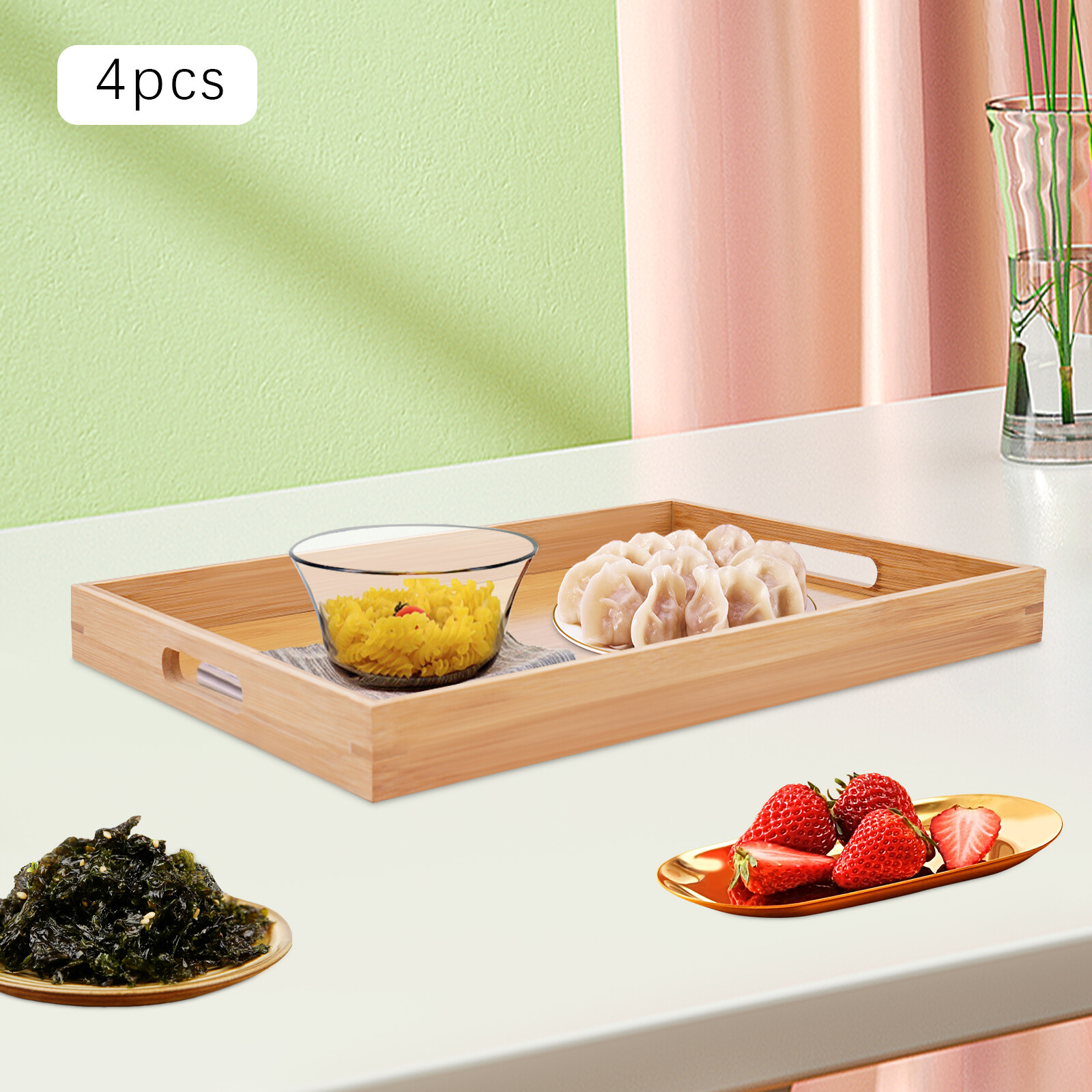 Bamboo Serving Trays Set of 4 - Modern Kitchen Organizers for Fruits & Snacks Bamboo Serving Trays Set of 4 - Modern Kitchen Organizers for Fruits & Snacks