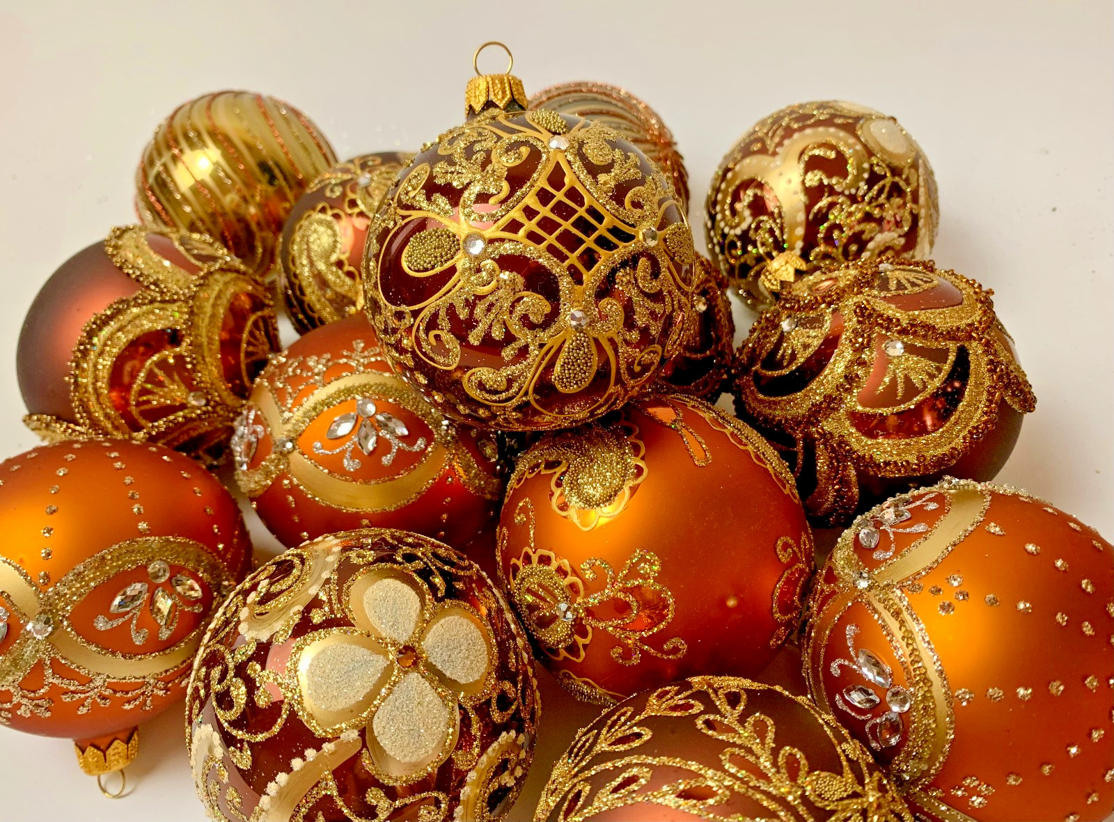 Luxury Set of 10 Gold Bronze Glass Baubles Handmade Holiday Collectibles