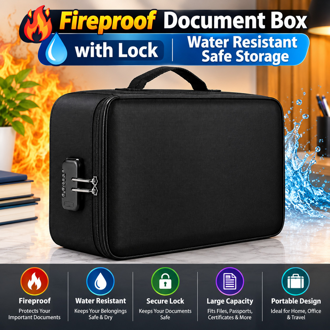 Fireproof Document Box with Lock 5200F Fire & Water Resistant Safe Storage