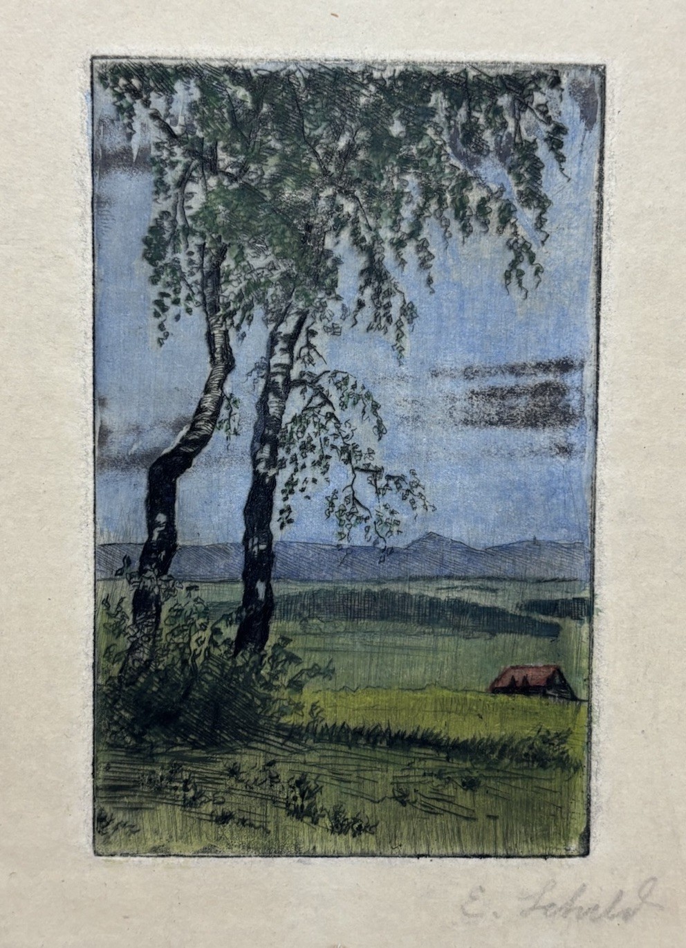 Antique Old Vintage European Woodcut Print Miniature Landscape Pencil Signed Antique Old Vintage European Woodcut Print Miniature Landscape Pencil Signed