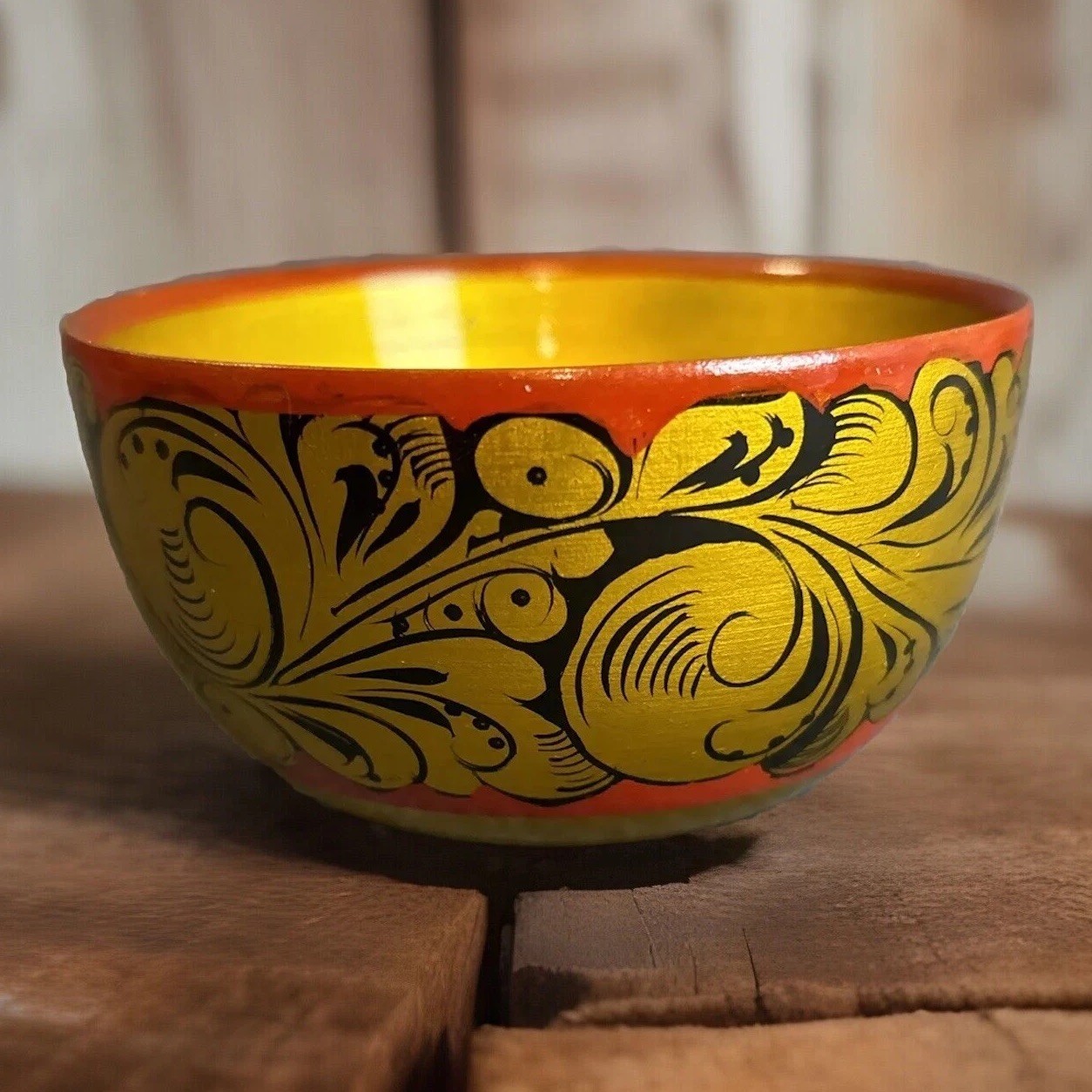 Vintage Khokhloma Hohloma Russian Folk Art Hand Painted Wooden Bowl Made In USSR