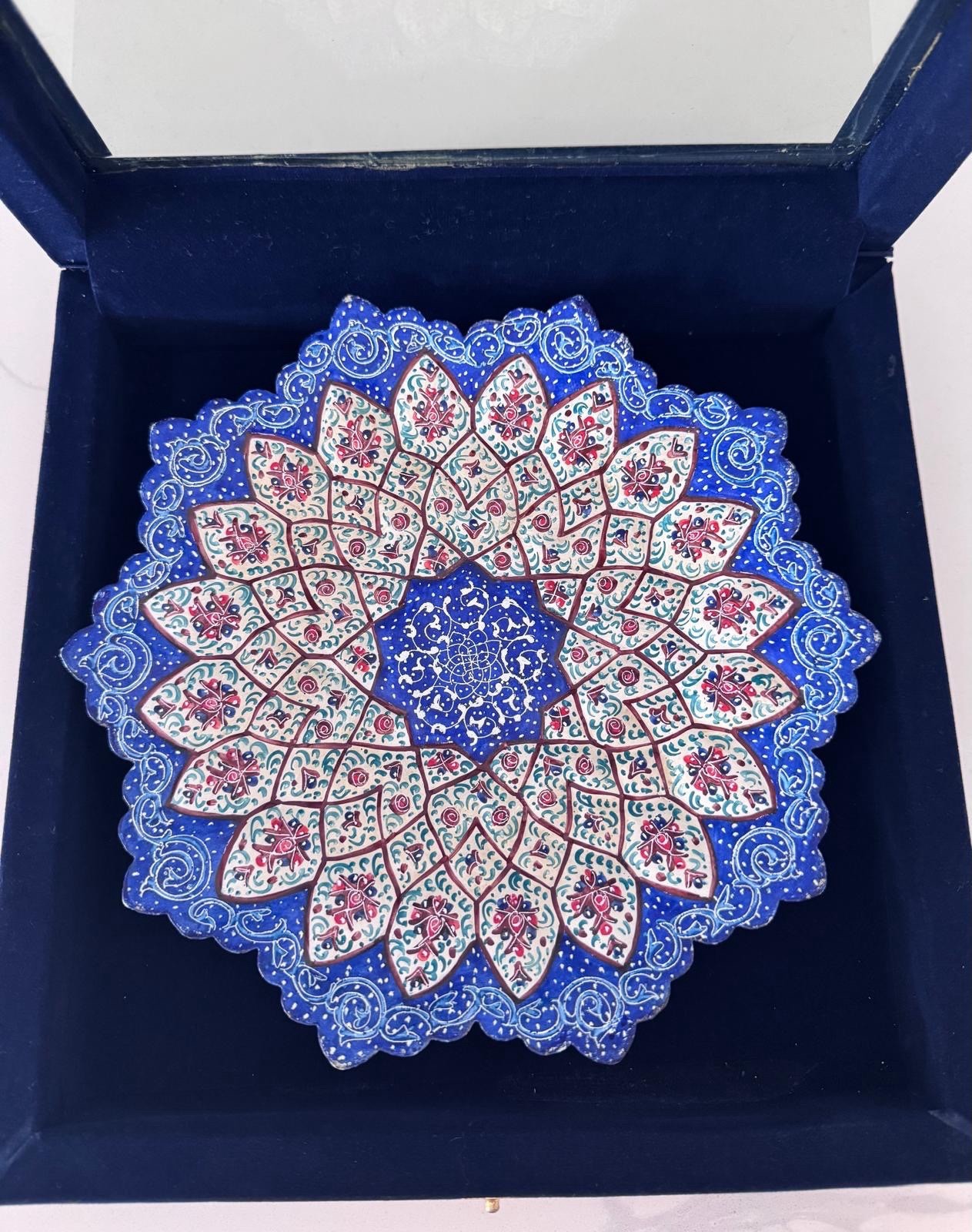 Vintage Persian Hand Painted Mandala Meenakari Plate Middle Eastern Folk Art