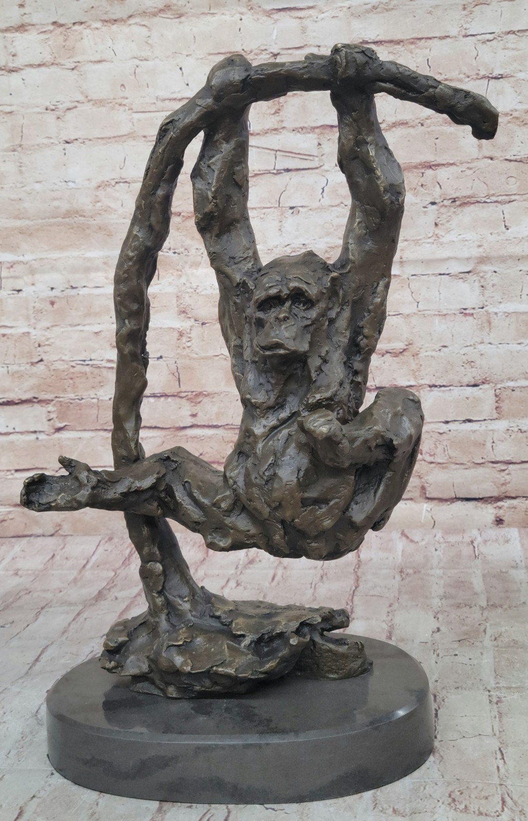 C. Williams Signed Bronze Chimpanzee Swing on Bar Sculpture Playful Figurine Art