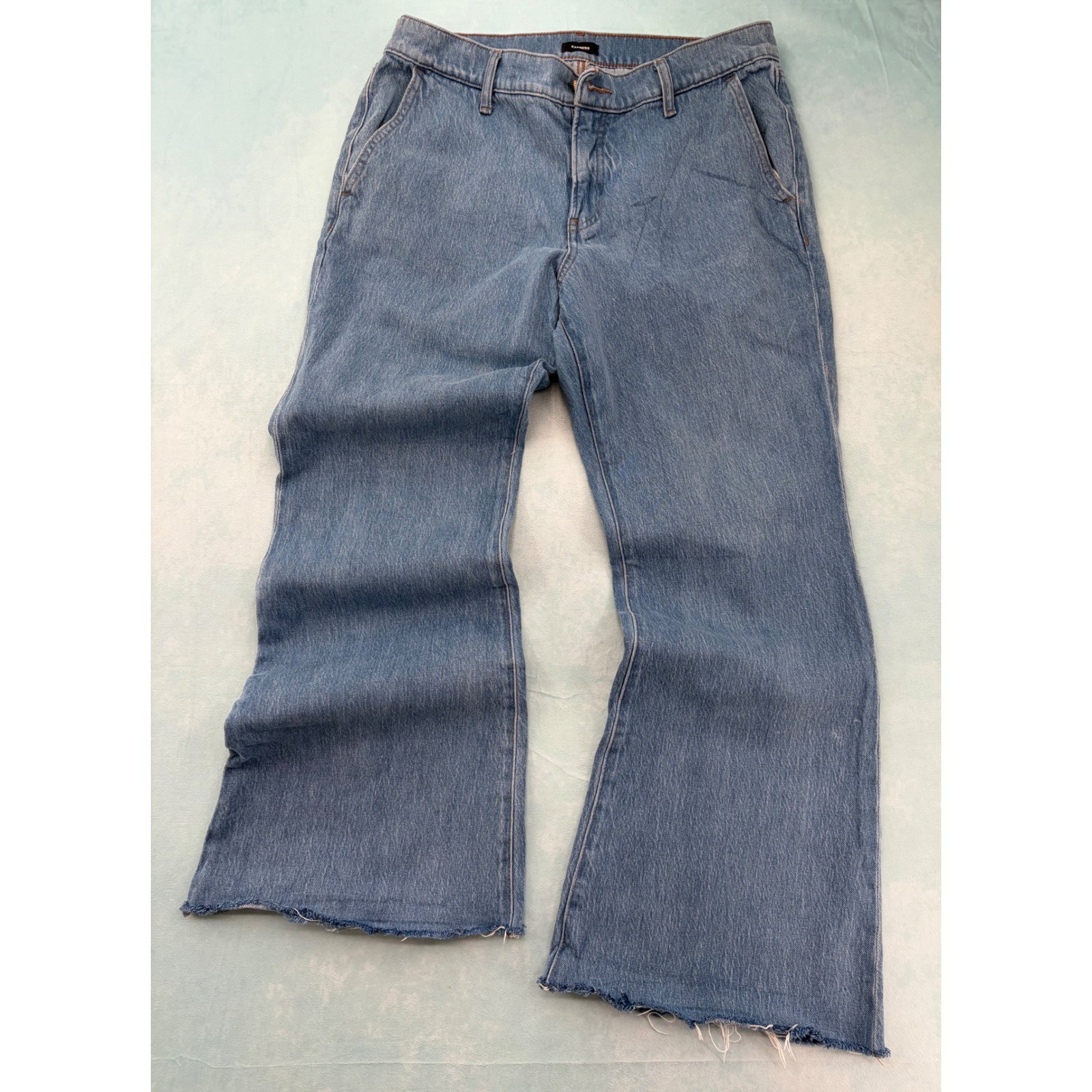 Express 70s Flare Jeans Womens 10R Light Wash Mid Rise Raw Hem Blue Denim