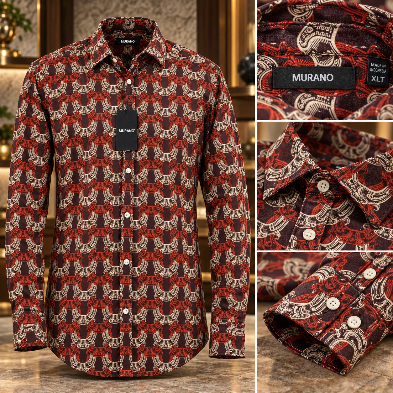 Murano Button Down Shirt Mens XLT 2XLT 4XLT Mahogany Rust Geometric Long Sleeve