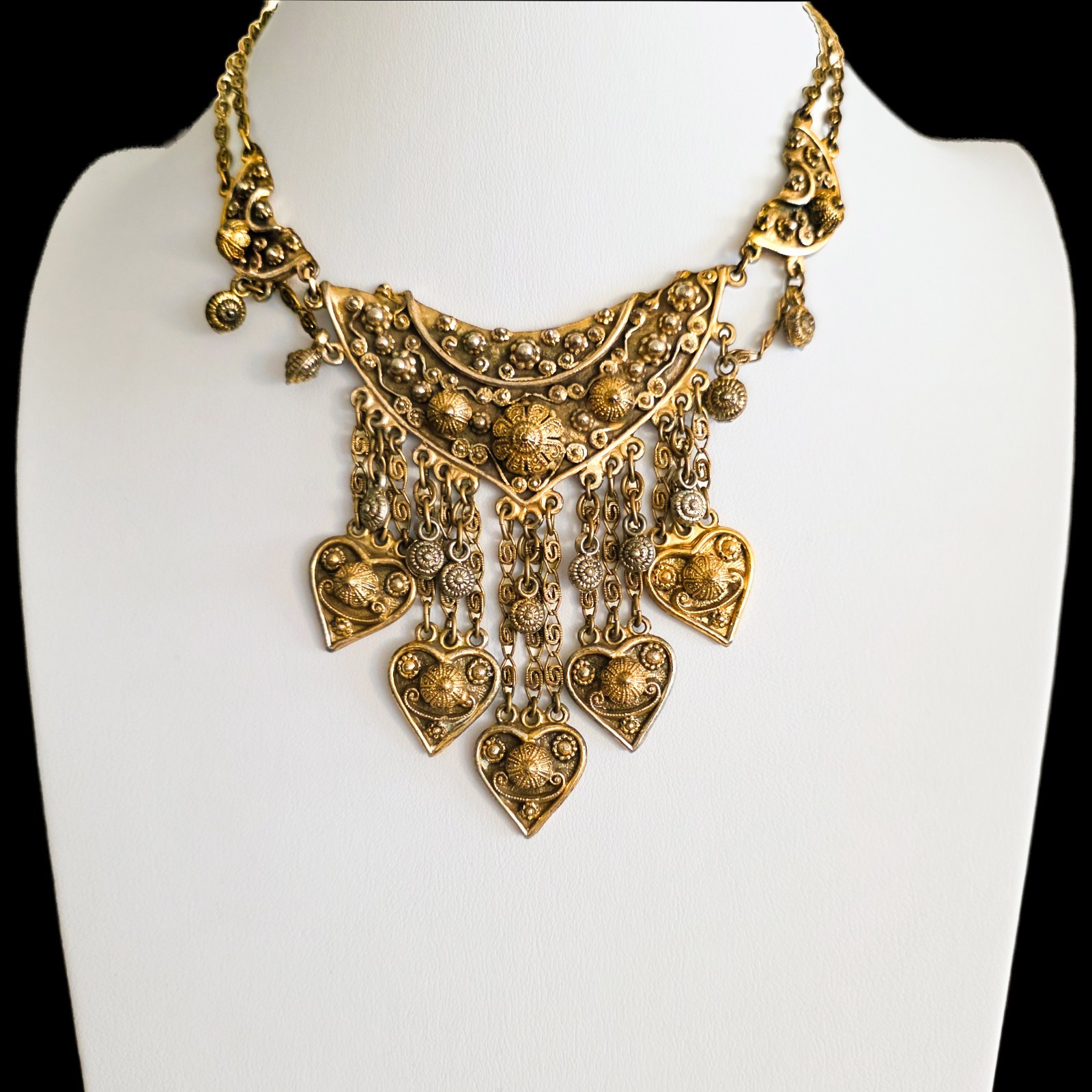 Vintage 1940s Rice-Weiner Etrusceana Bib Statement Necklace Heart Fringe Louis M