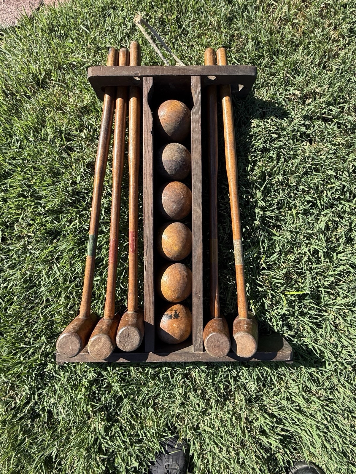 Antique Croquet Set Wooden Caddy Lawn Game Rack Balls Mallet 24”