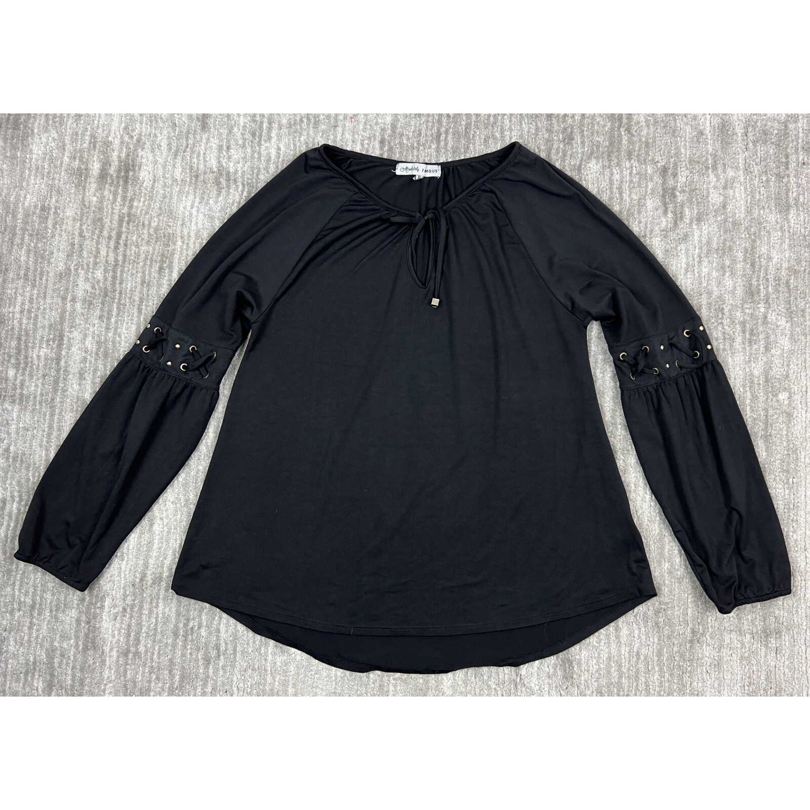 Absolutely Famous Top Womens XL Black Lace Up Sleeve Keyhole Tie Boho Blouse