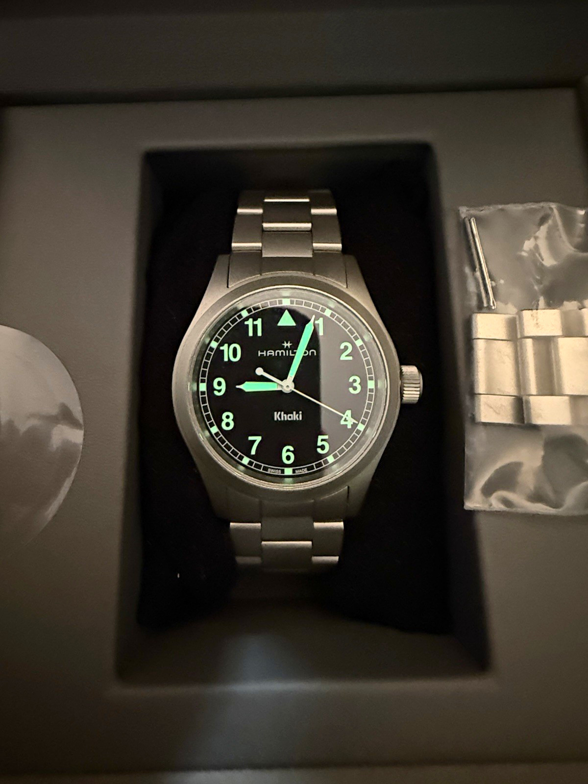 Hamilton Khaki Field Quartz 38mm Black Dial Steel Bracelet, Box & Manual