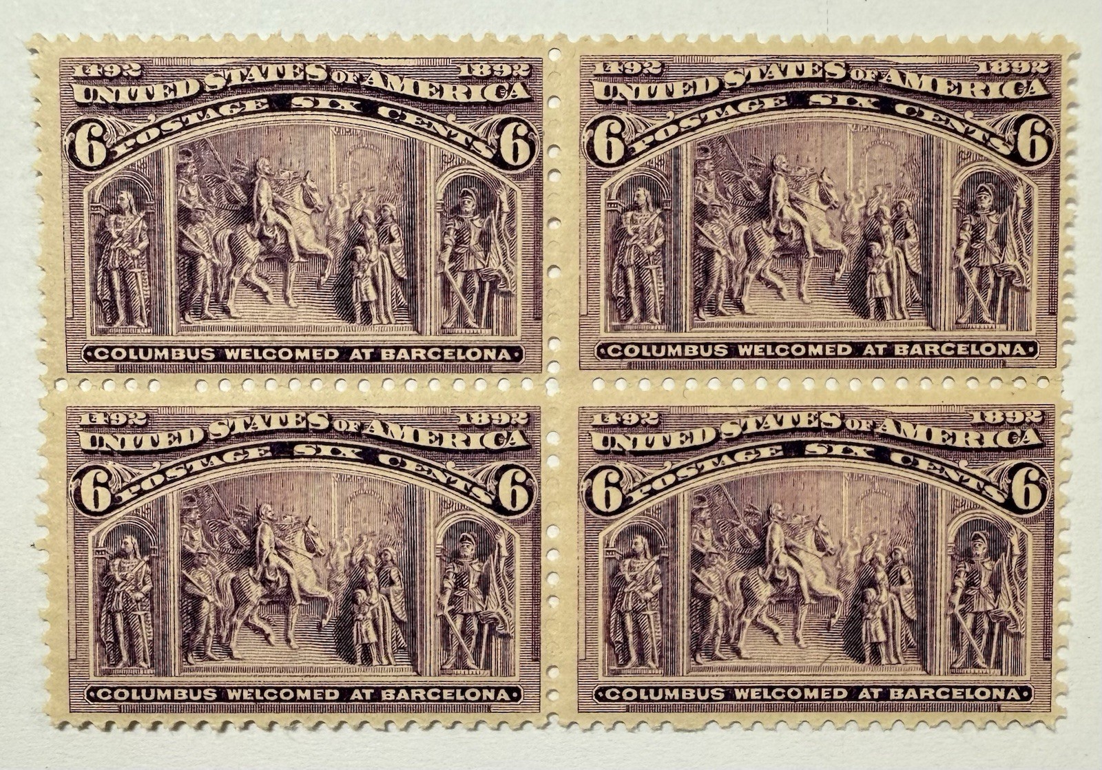 US #235a 6c red violet”Columbus Welcomed at Barcelona”Blk/4 MNH/VF; $700 SCV US #235a 6c red violet”Columbus Welcomed at Barcelona”Blk/4 MNH/VF; $700 SCV