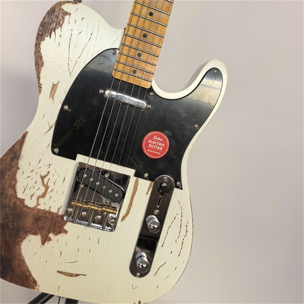 No Logo Solid Body Electric Guitar Stainless Rounded Fret Edge Heavy Aged White